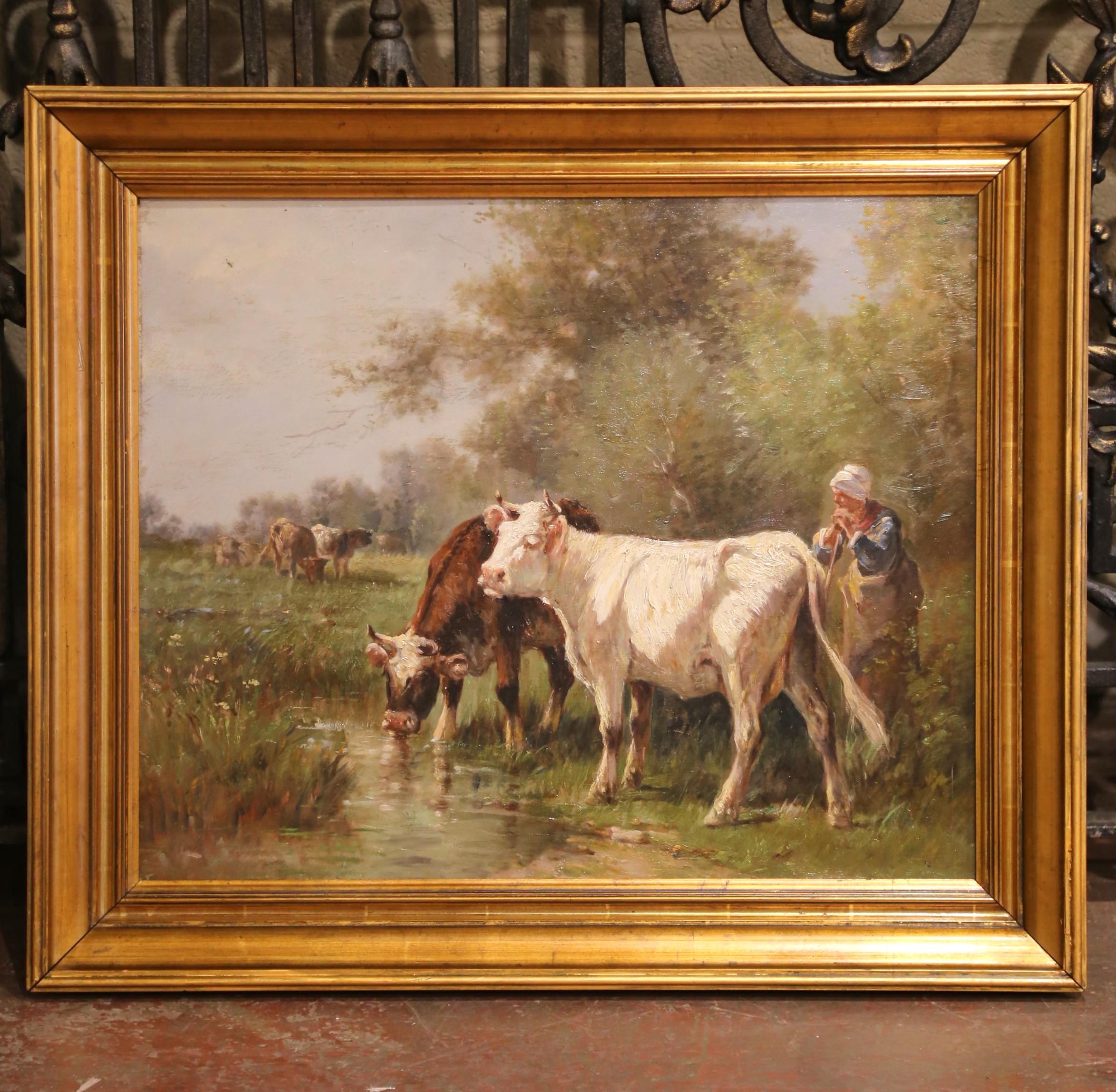 Early 20th Century Oil Painting of Cattle Watering, in the Manner of H. Schouten In Excellent Condition For Sale In Dallas, TX