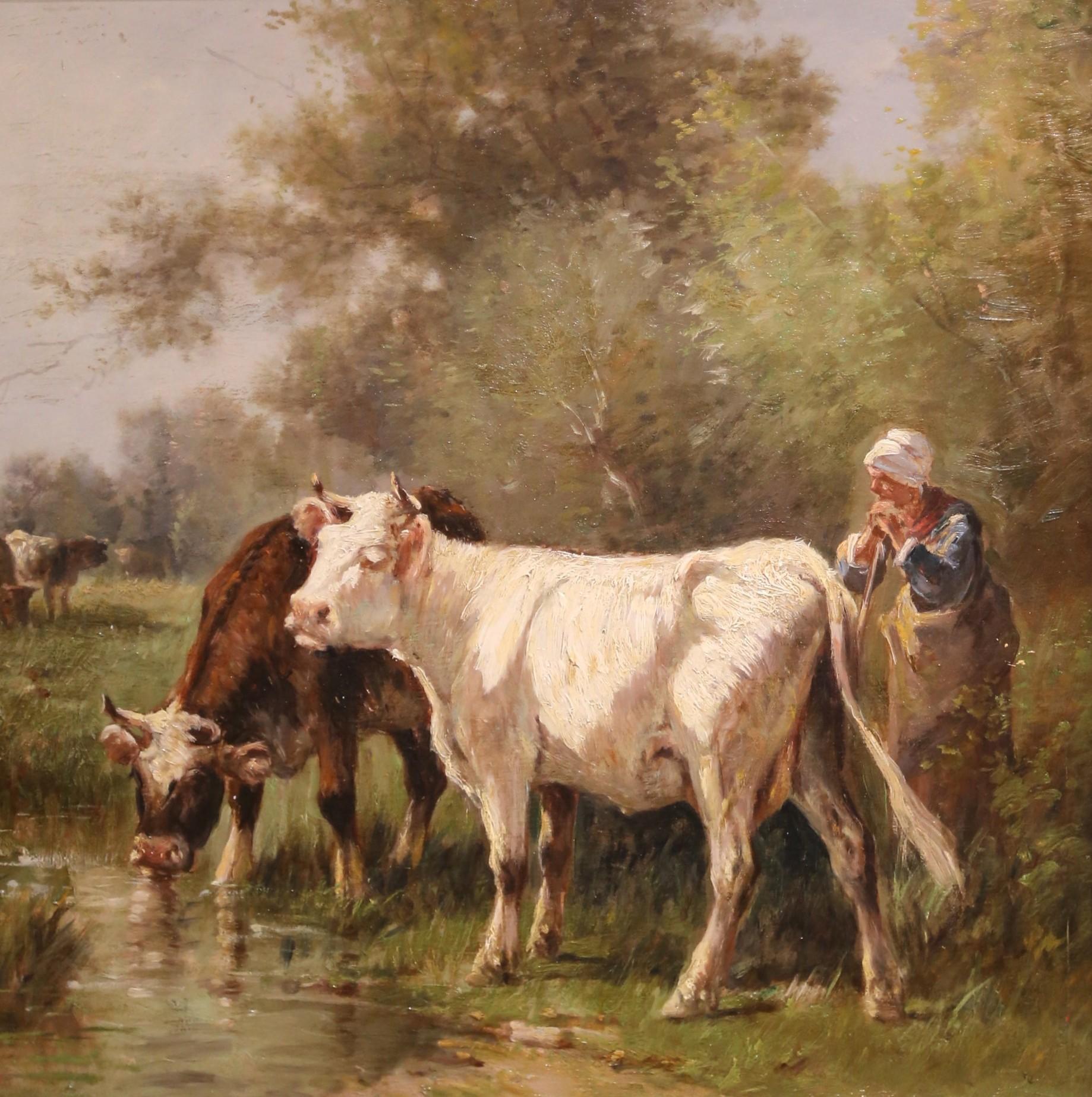 Canvas Early 20th Century Oil Painting of Cattle Watering, in the Manner of H. Schouten For Sale