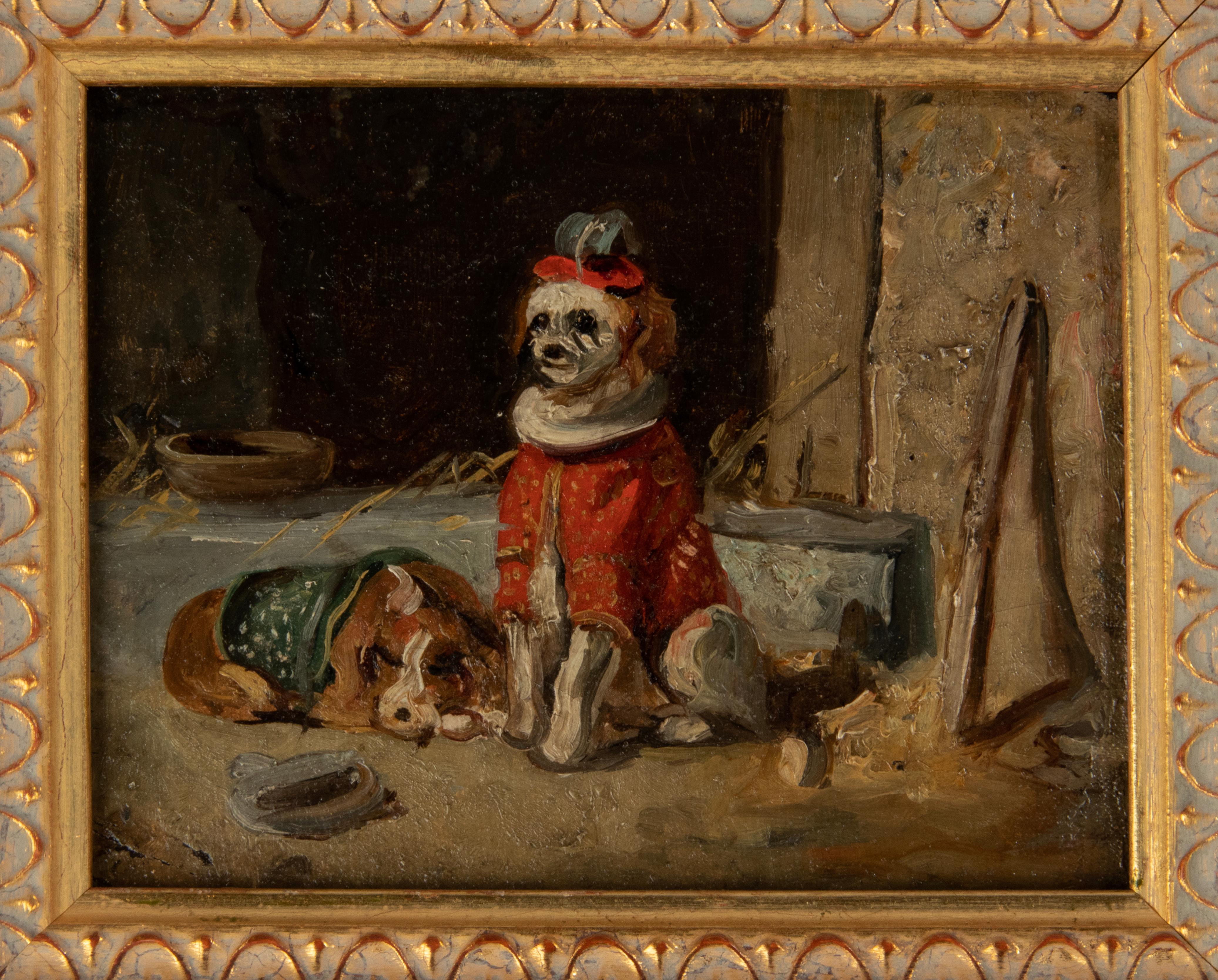 Un gentil petit tableau représentant deux chiens de cirque déguisés. Les chiens sont peints sur un fond sobre.
Il s'agit d'une peinture à l'huile sur panneau datant d'environ 1900. Vraisemblablement d'origine belge ou française. Le tableau n'est