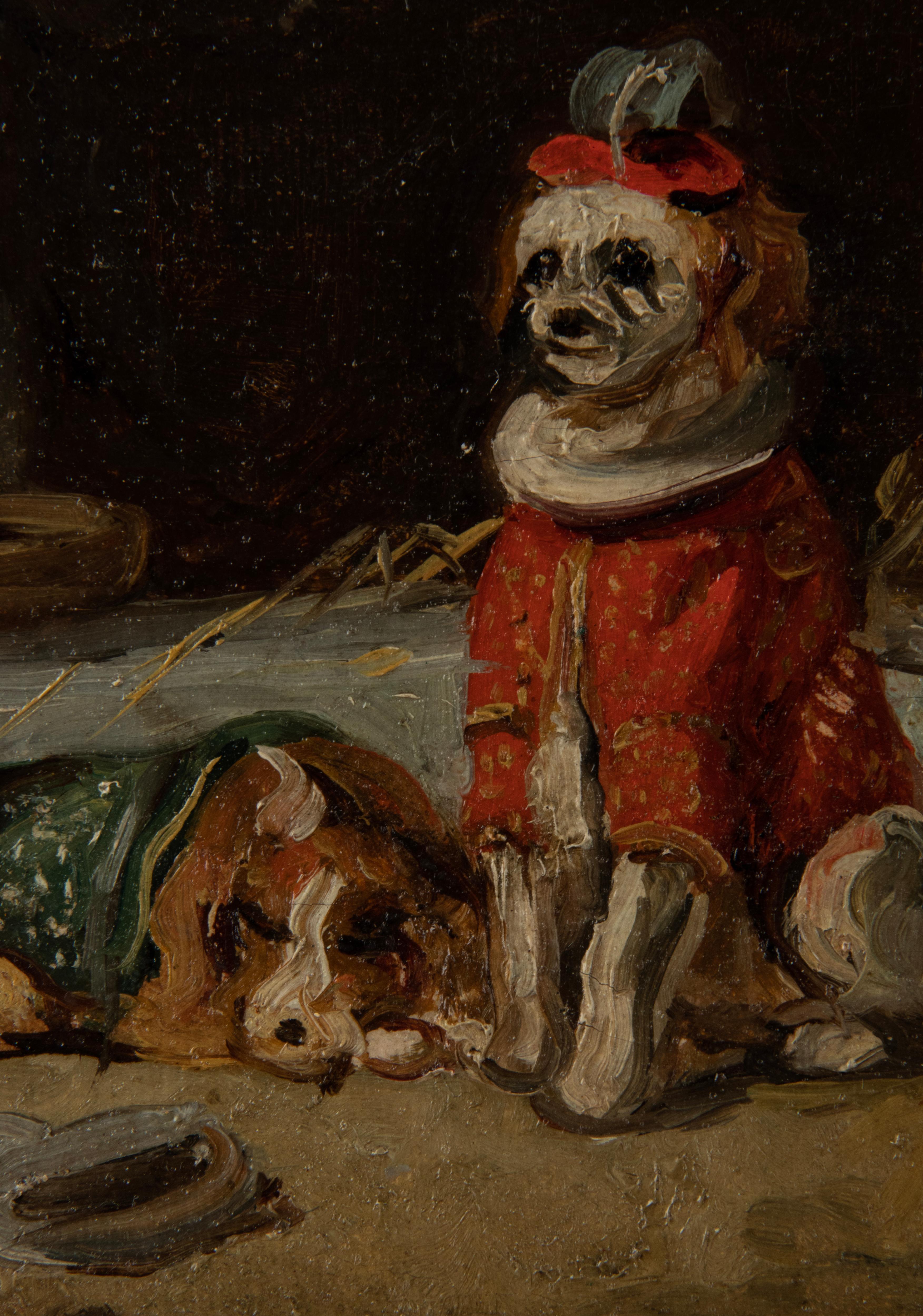 Peinture à l'huile du début du 20e siècle représentant des chiens de cirque en vente 3