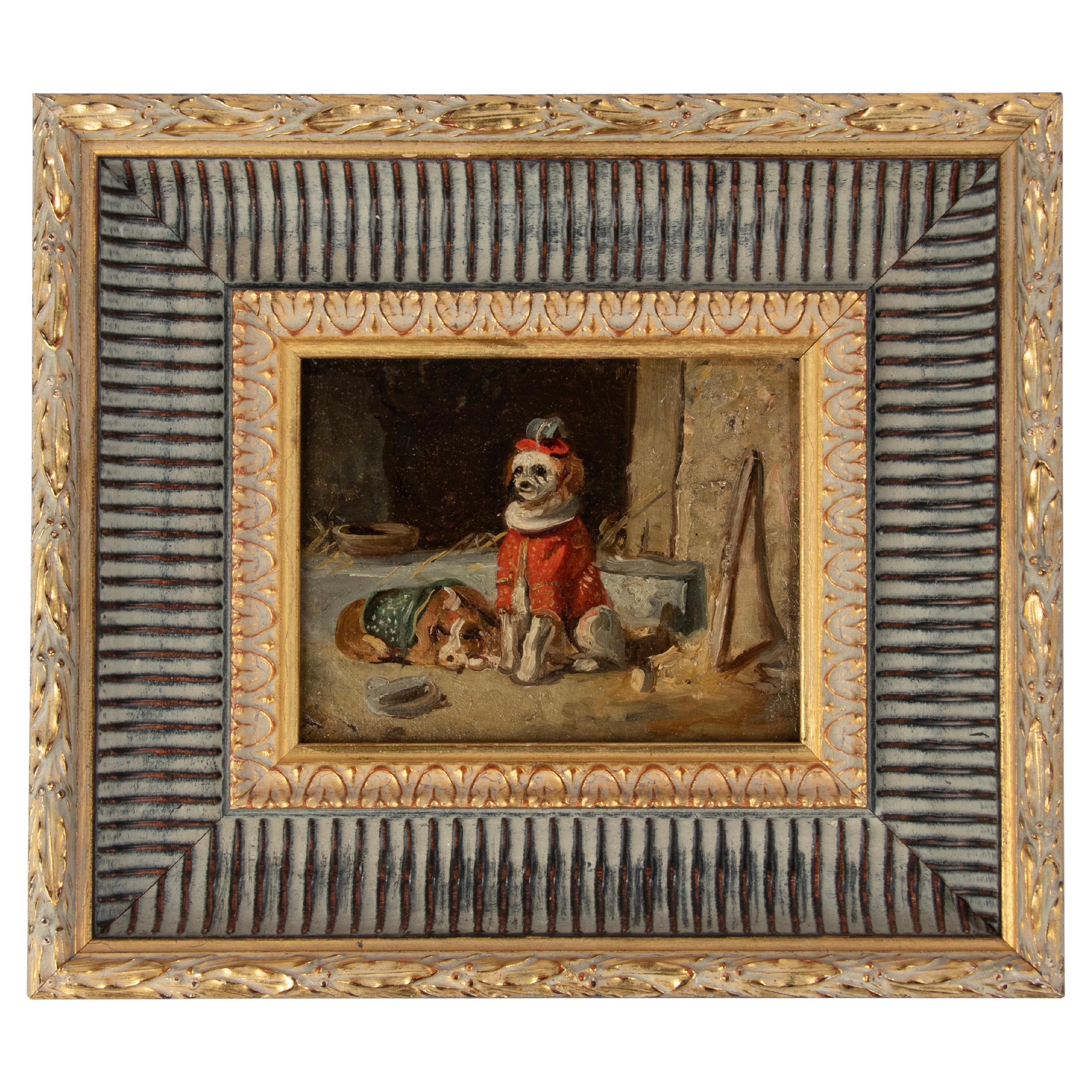 Peinture à l'huile du début du 20e siècle représentant des chiens de cirque en vente