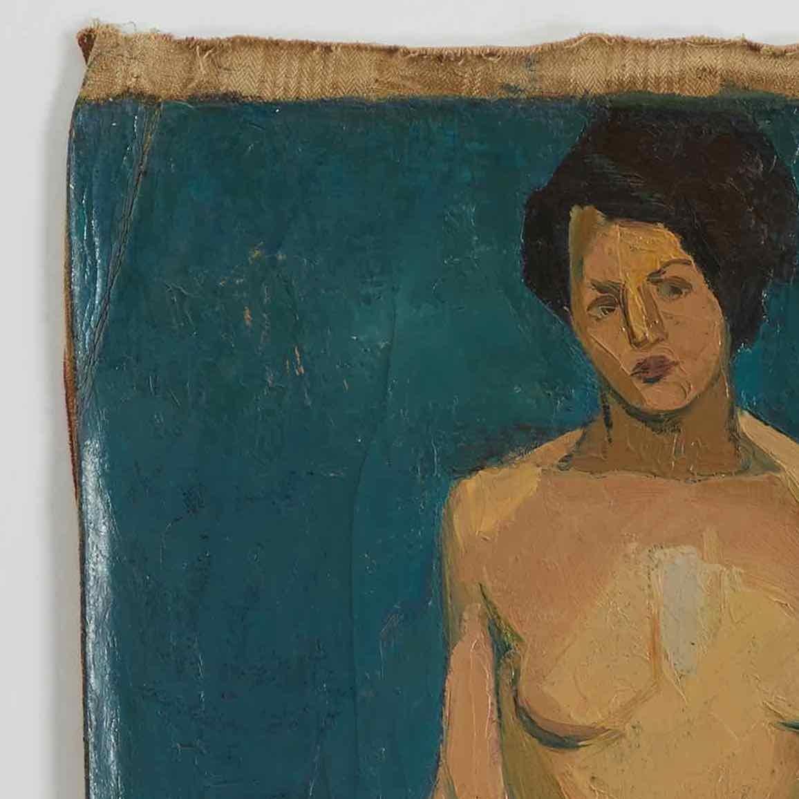 Edwardian Early 20th Century Oil Painting of Nude Female on Blue Background
