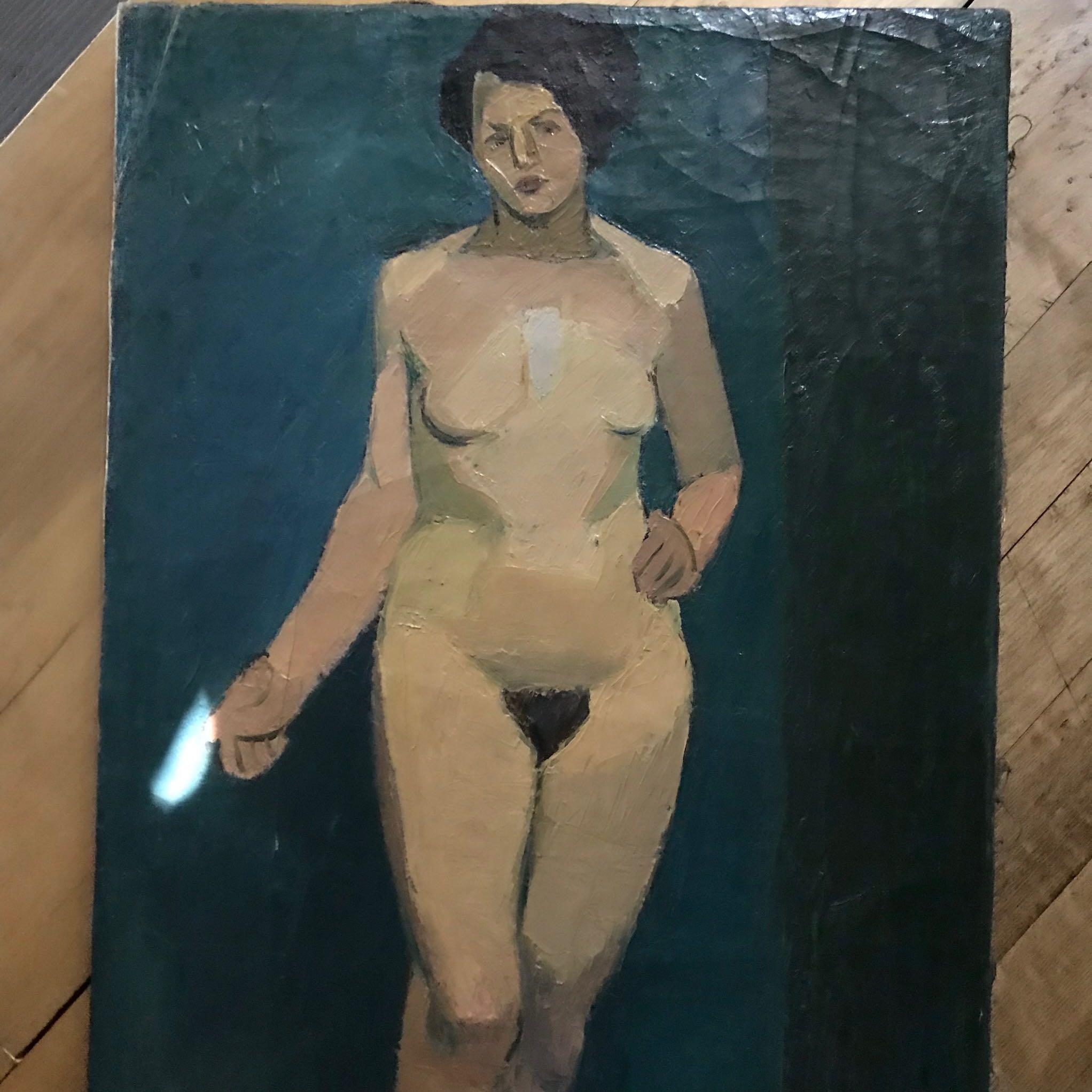 French Early 20th Century Oil Painting of Nude Female on Blue Background