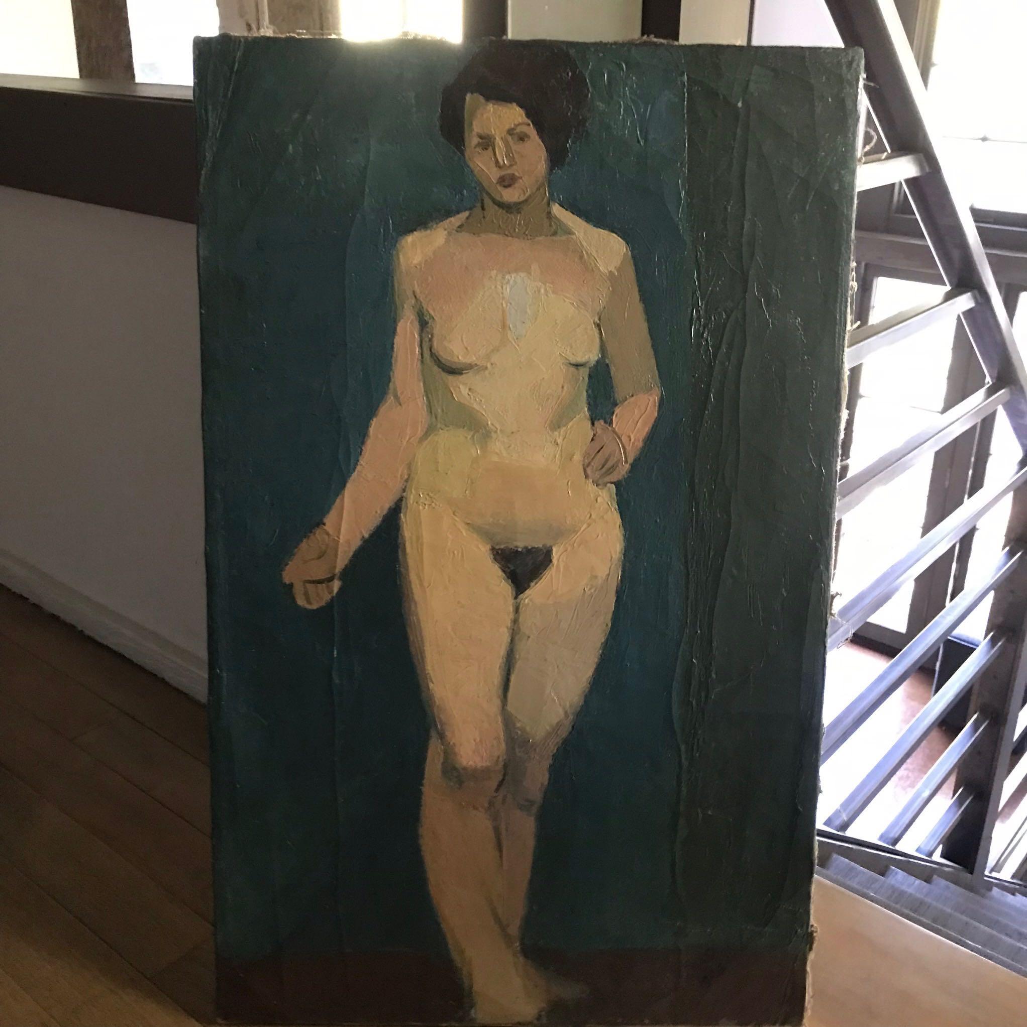 Early 20th Century Oil Painting of Nude Female on Blue Background 1
