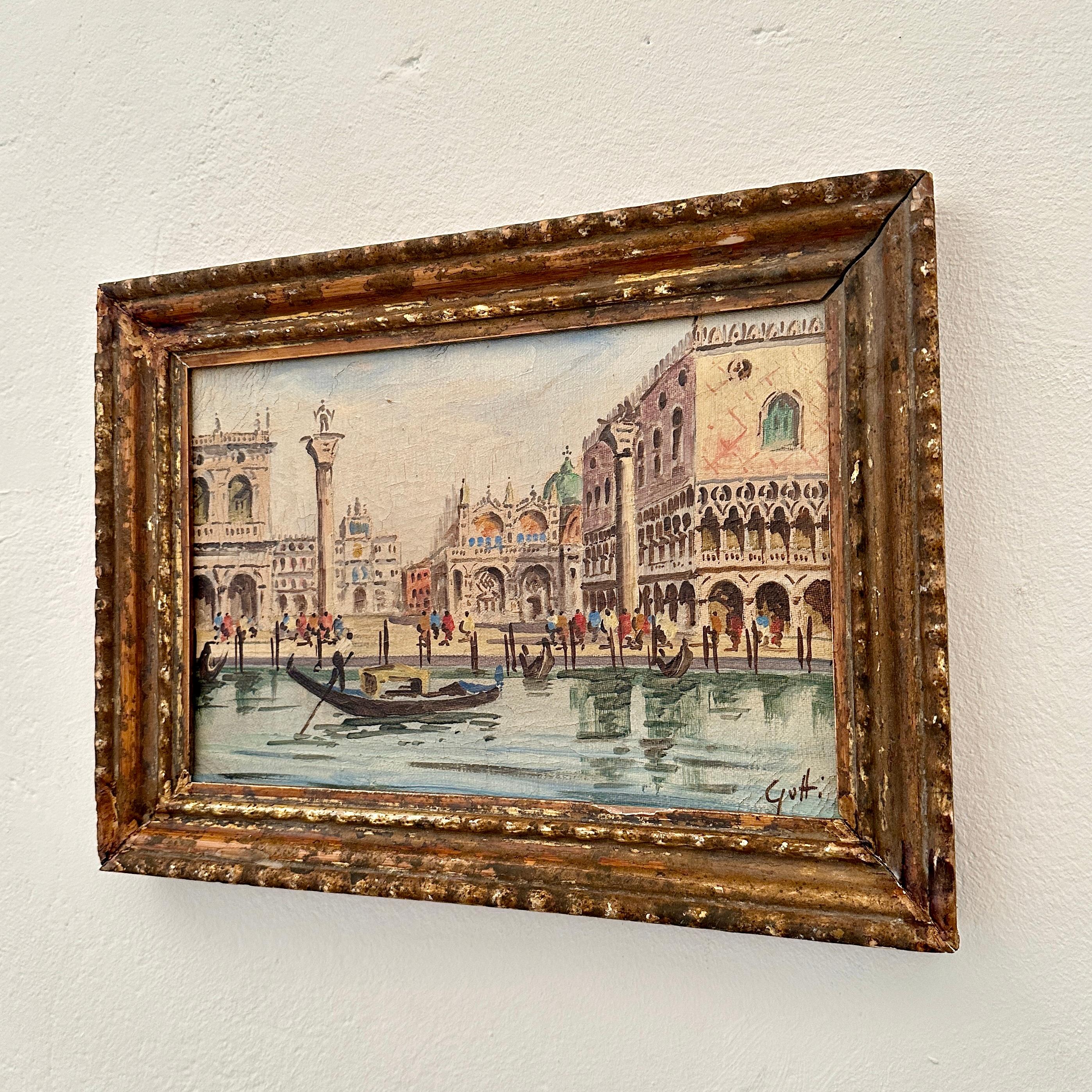 Fantastisches Ölgemälde von Venedig aus dem frühen 20. Jahrhundert, das den Marcusplatz vom Wasser aus zeigt. Es wurde wahrscheinlich um 1904 gemalt.
Das Gemälde ist in einen vergoldeten Rahmen aus dem 18. Jahrhundert eingefasst.
Toller