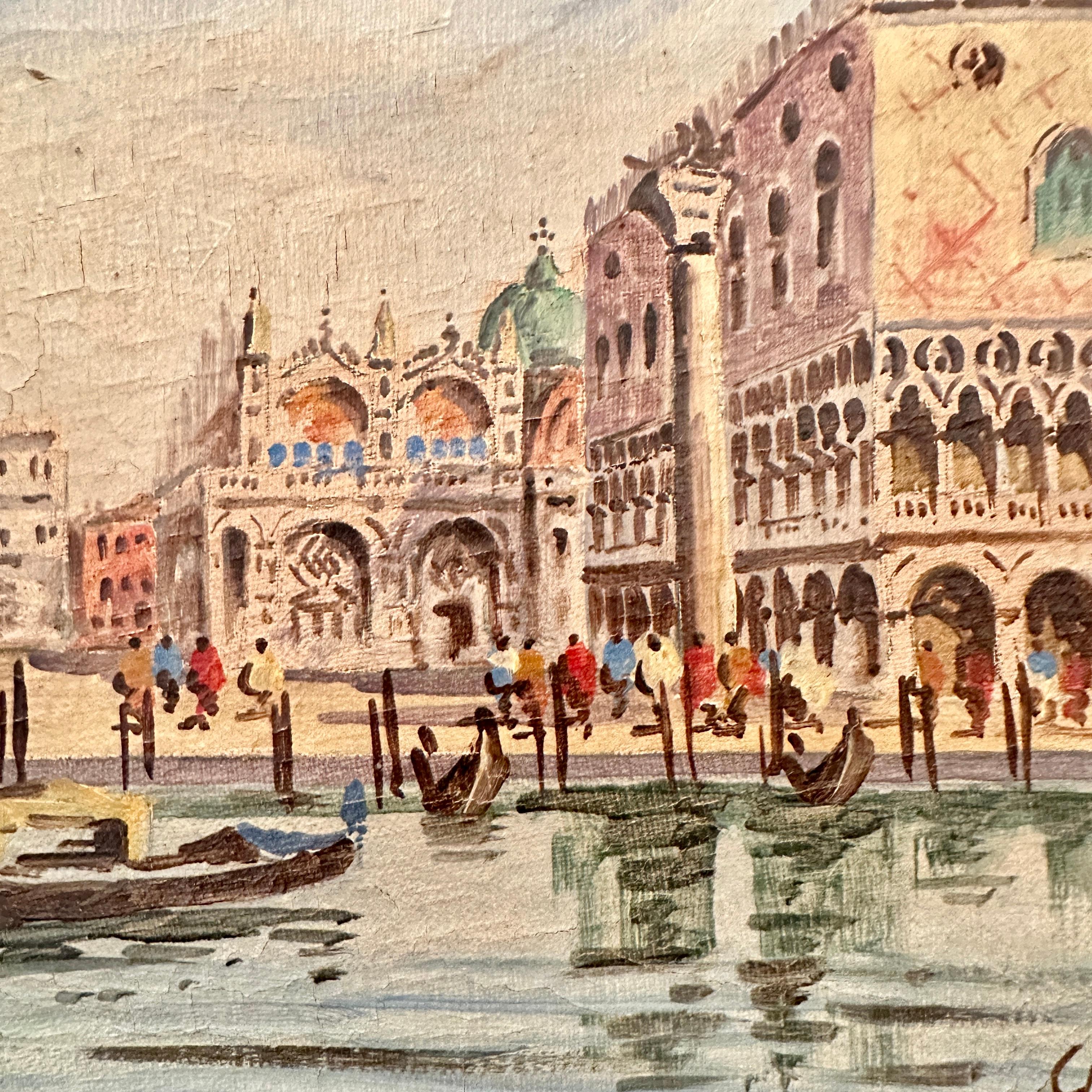 Canvas Early 20th Century Oil Painting of Venice in a 18th Century gilded Frame, 1904