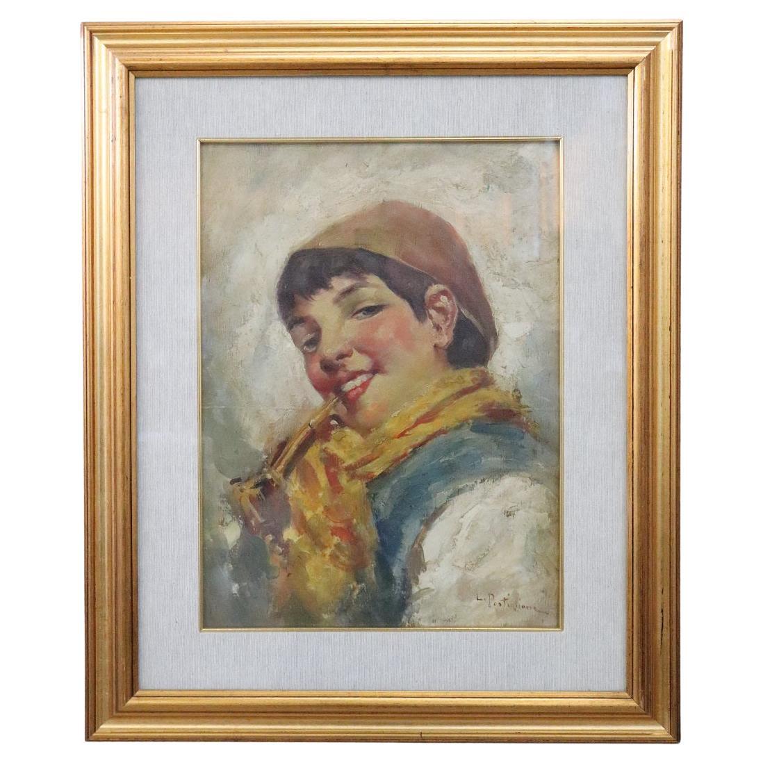 Early 20th Century Oil Painting on Board by Luca Postiglione, Italian Artist For Sale
