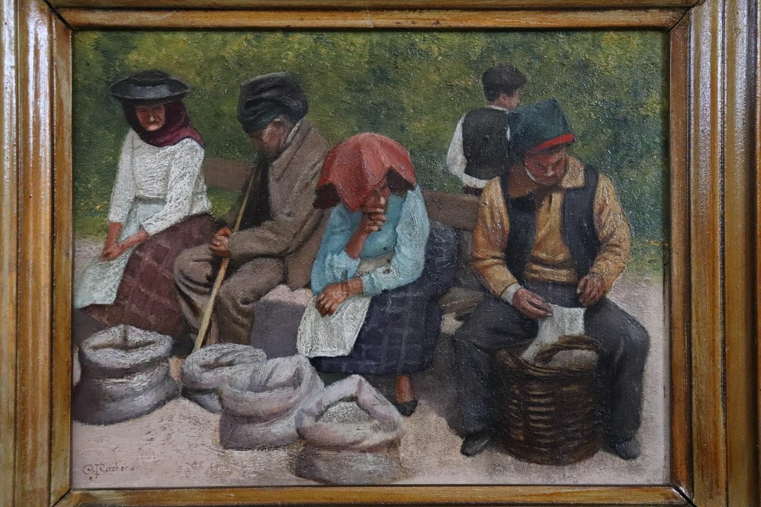Beautiful early 20th century oil painting on board, signed unidentified artist. The painting is small in size but has a very high artistic quality. A scene of peasants resting during a hot Italian day. Wise use of colors. A painting that fits