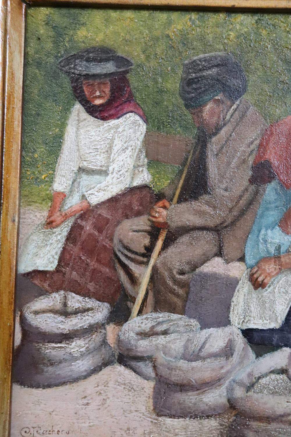 Huilé Peinture à l'huile sur panneau du début du XXe siècle représentant une scène de paysan, signée en vente