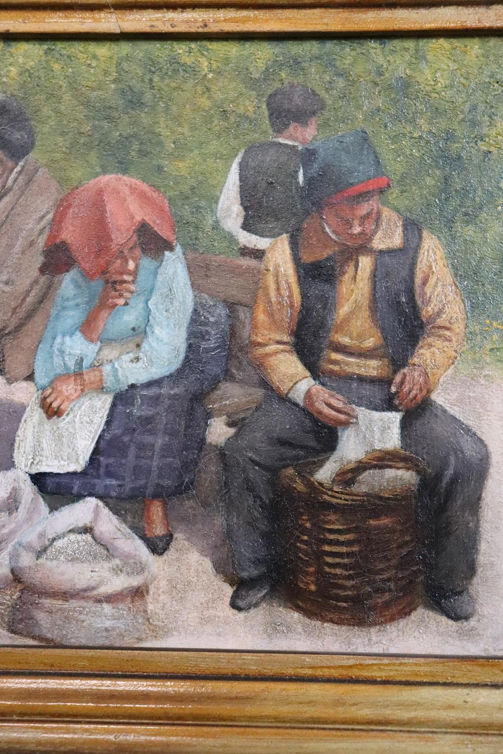 Early 20th Century Oil Painting on Board Peasant Scene, Signed In Excellent Condition For Sale In Casale Monferrato, IT