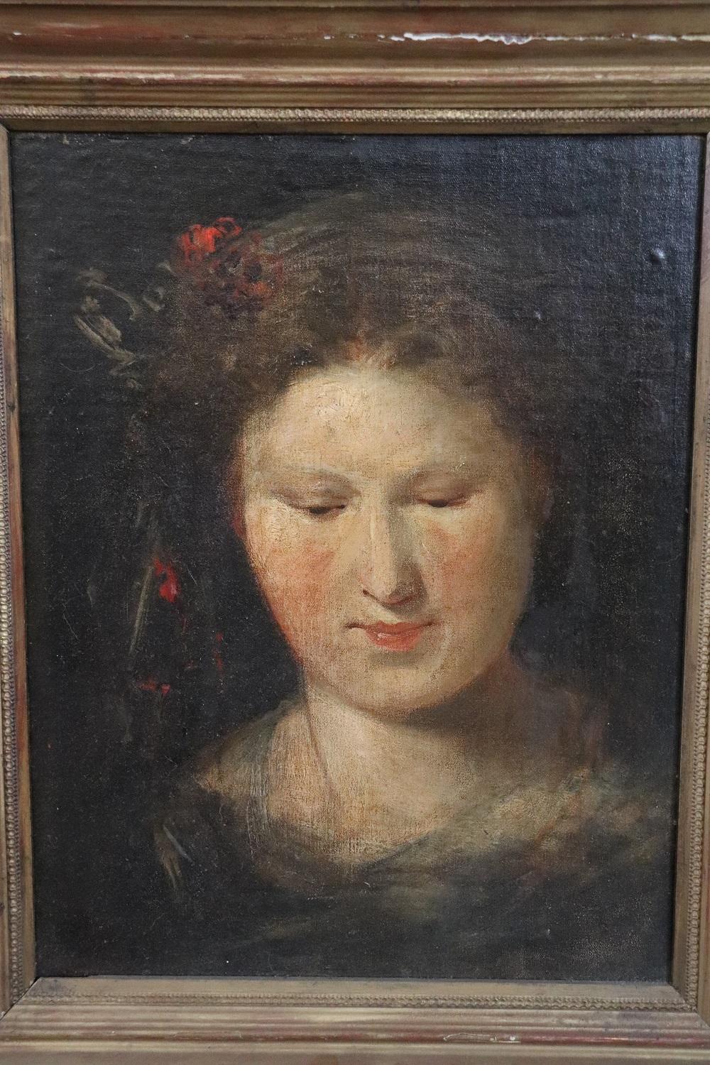 Italian Early 20th Century Oil Painting on Board Portrait of Girl For Sale