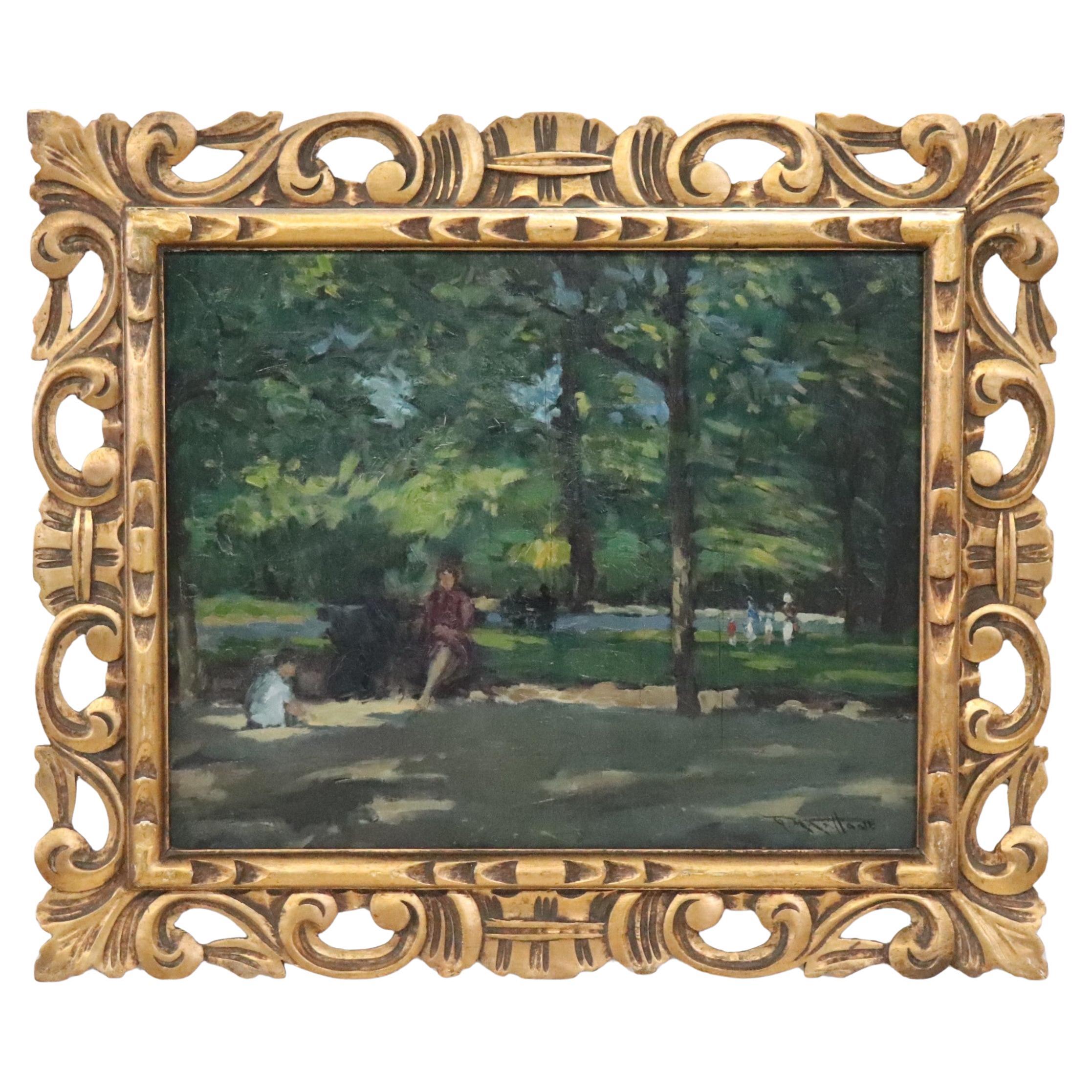 Pittura a olio su tavola dei primi del Novecento, firmata, Persone nel parco