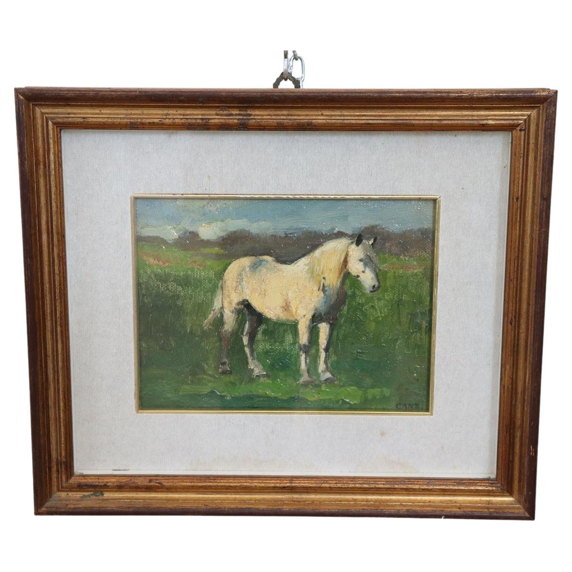 Peinture à l'huile sur panneau du début du XXe siècle, cheval blanc, signée par Edwin Ganz 