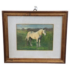 Oil Painting on Board, White Horse, Signed 