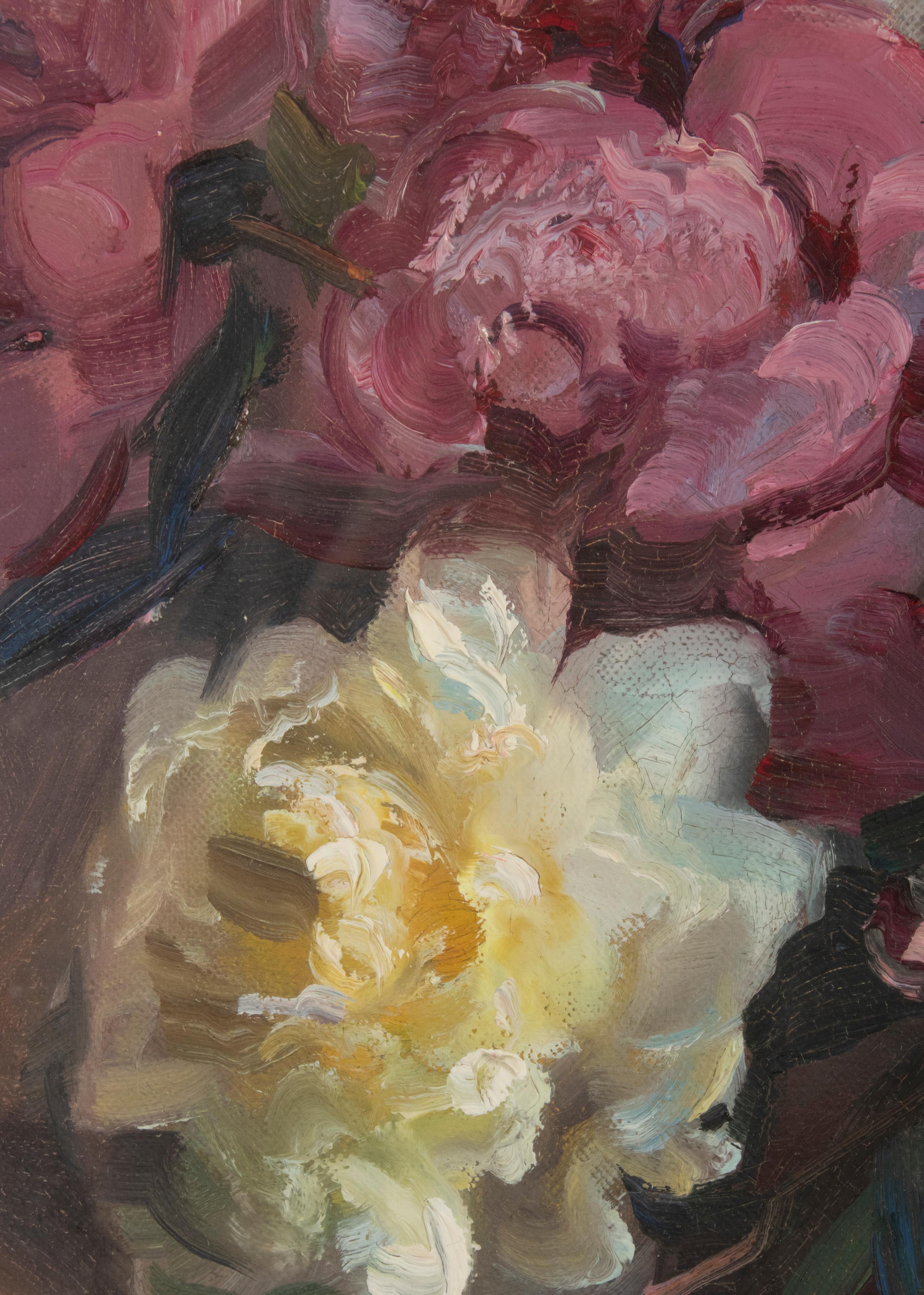 Peinture à l'huile sur toile du début du 20e siècle, Nature morte de fleur, signée en vente 3