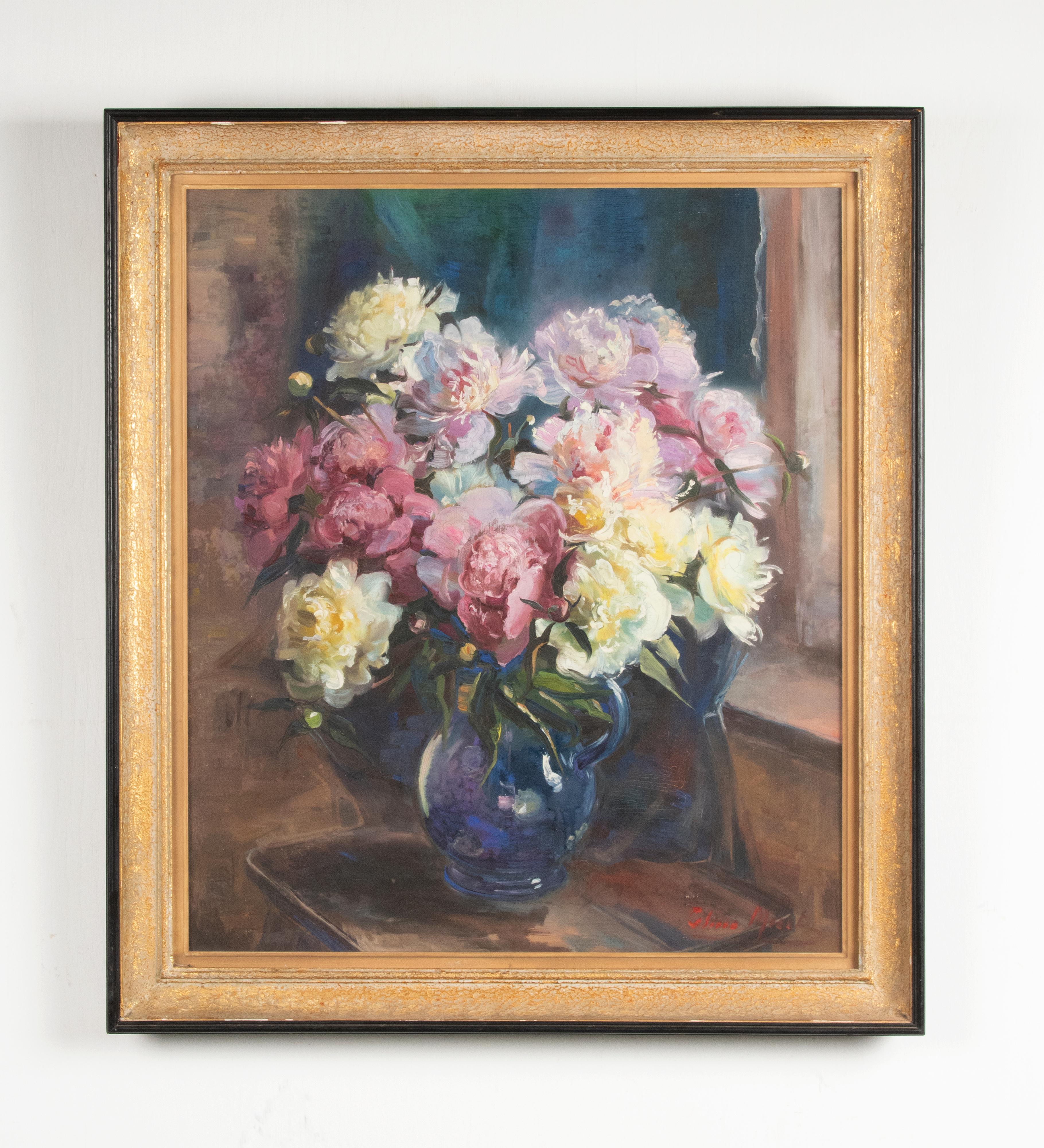 Romantic Early 20th Century Oil Painting on Canvas Flower Stil Life Signed For Sale