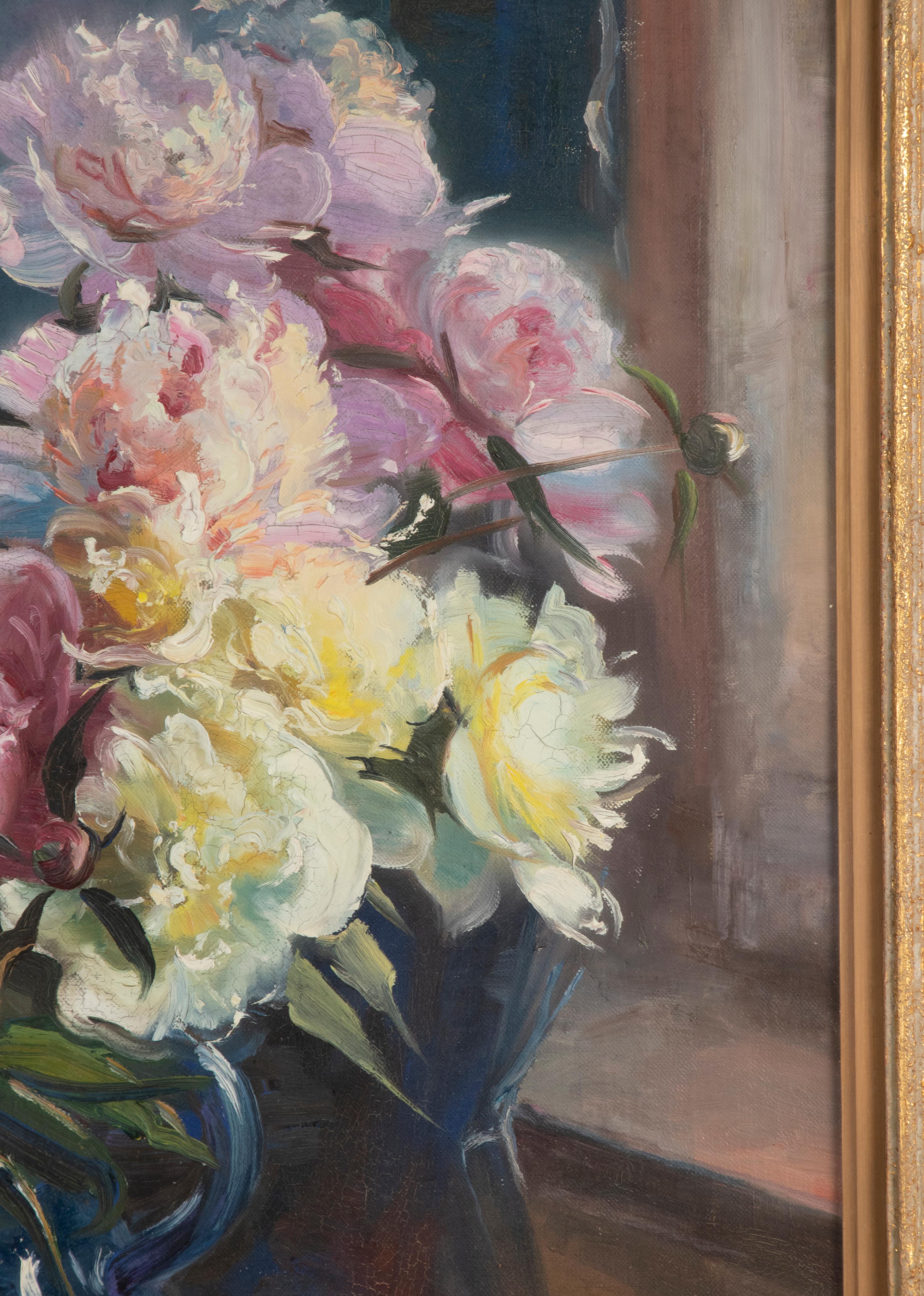 Peint à la main Peinture à l'huile sur toile du début du 20e siècle, Nature morte de fleur, signée en vente