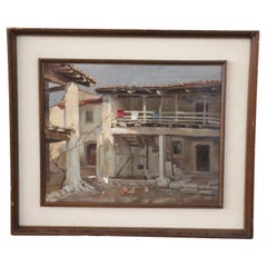 Vintage Early 20th Century Oil Painting on Canvas Italian Farmhouse