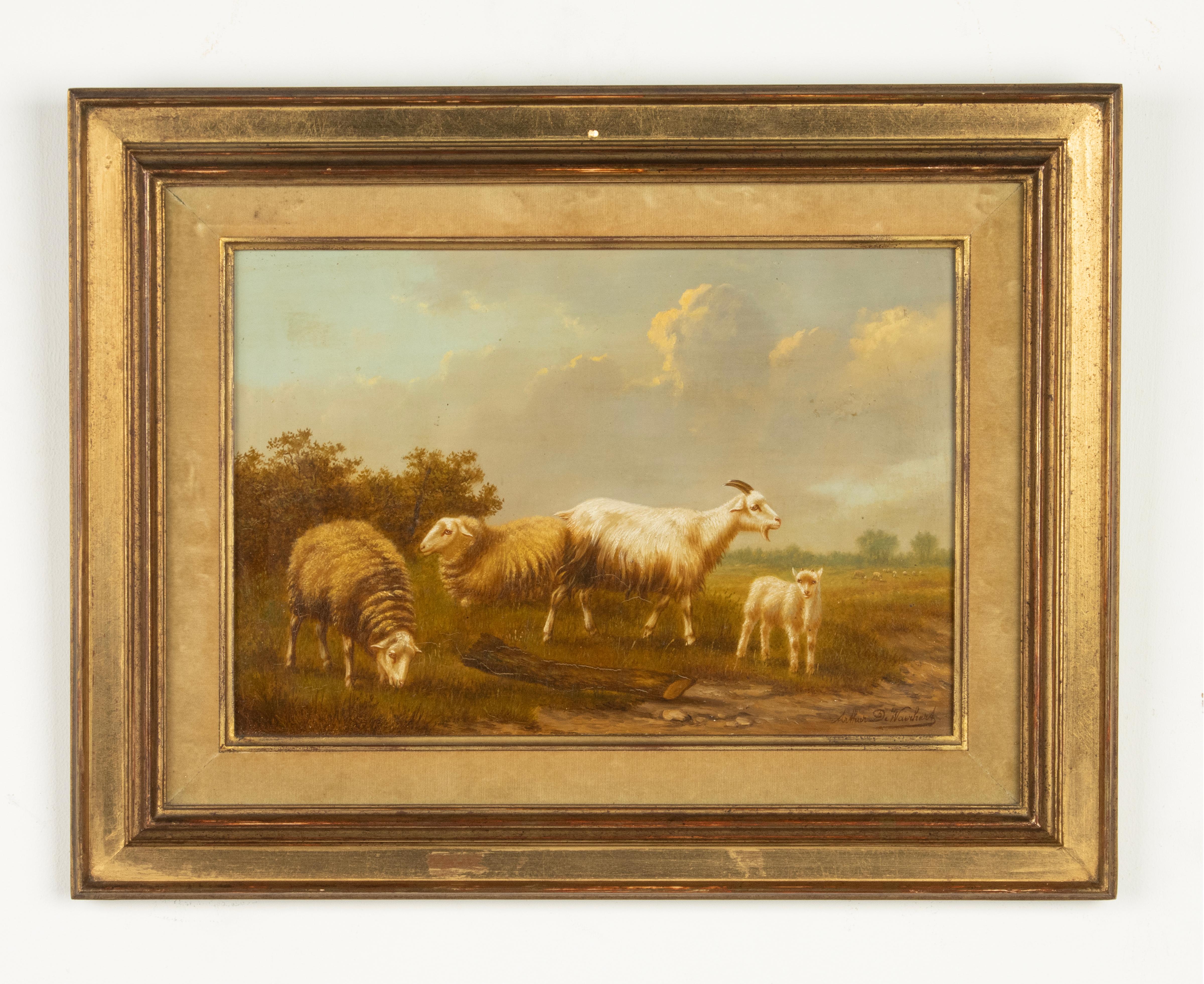 Belle Époque Peinture à l'huile sur panneau du début du 20e siècle - Moutons dans un champ - Arthur de Waerhert en vente