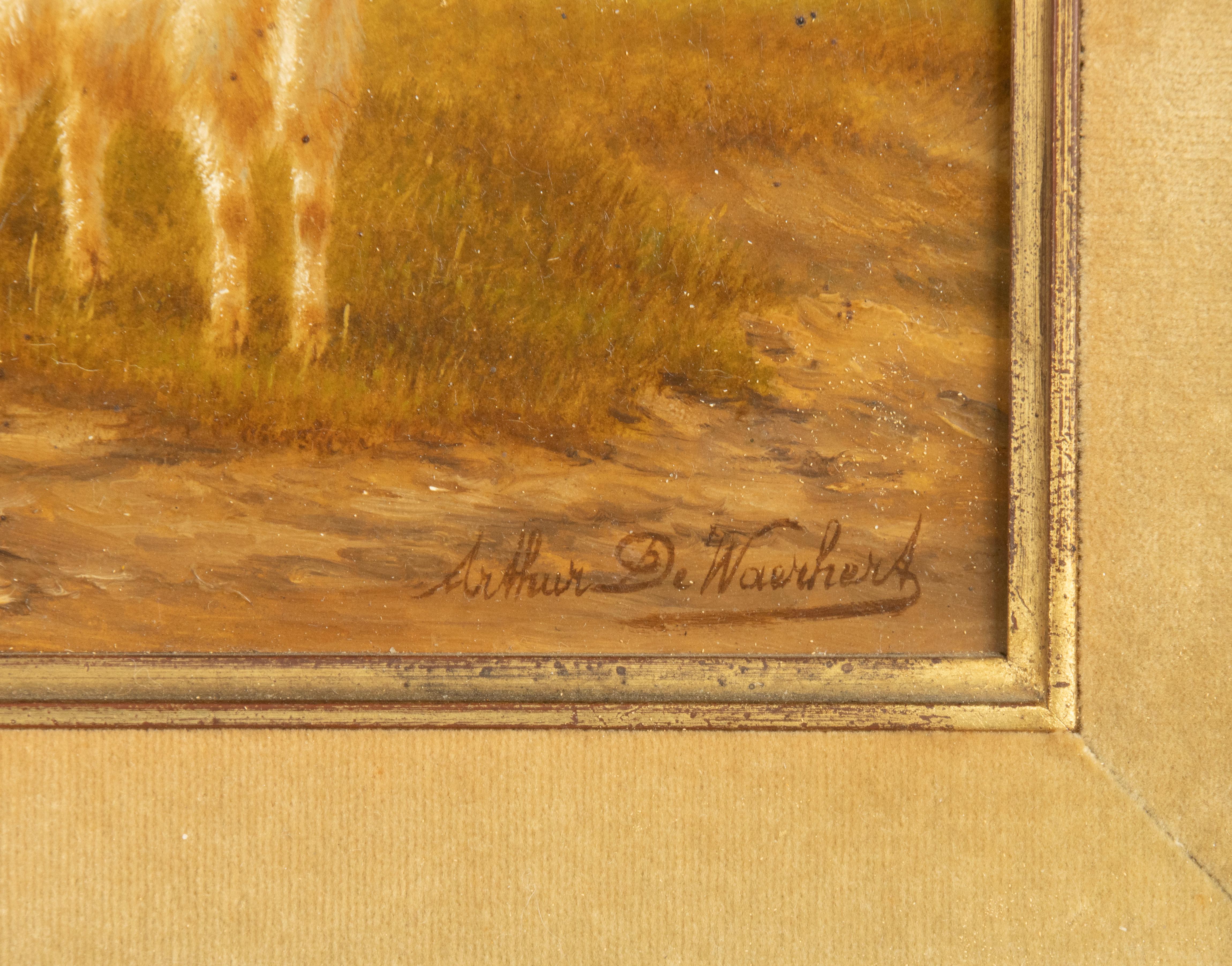 Belge Peinture à l'huile sur panneau du début du 20e siècle - Moutons dans un champ - Arthur de Waerhert en vente