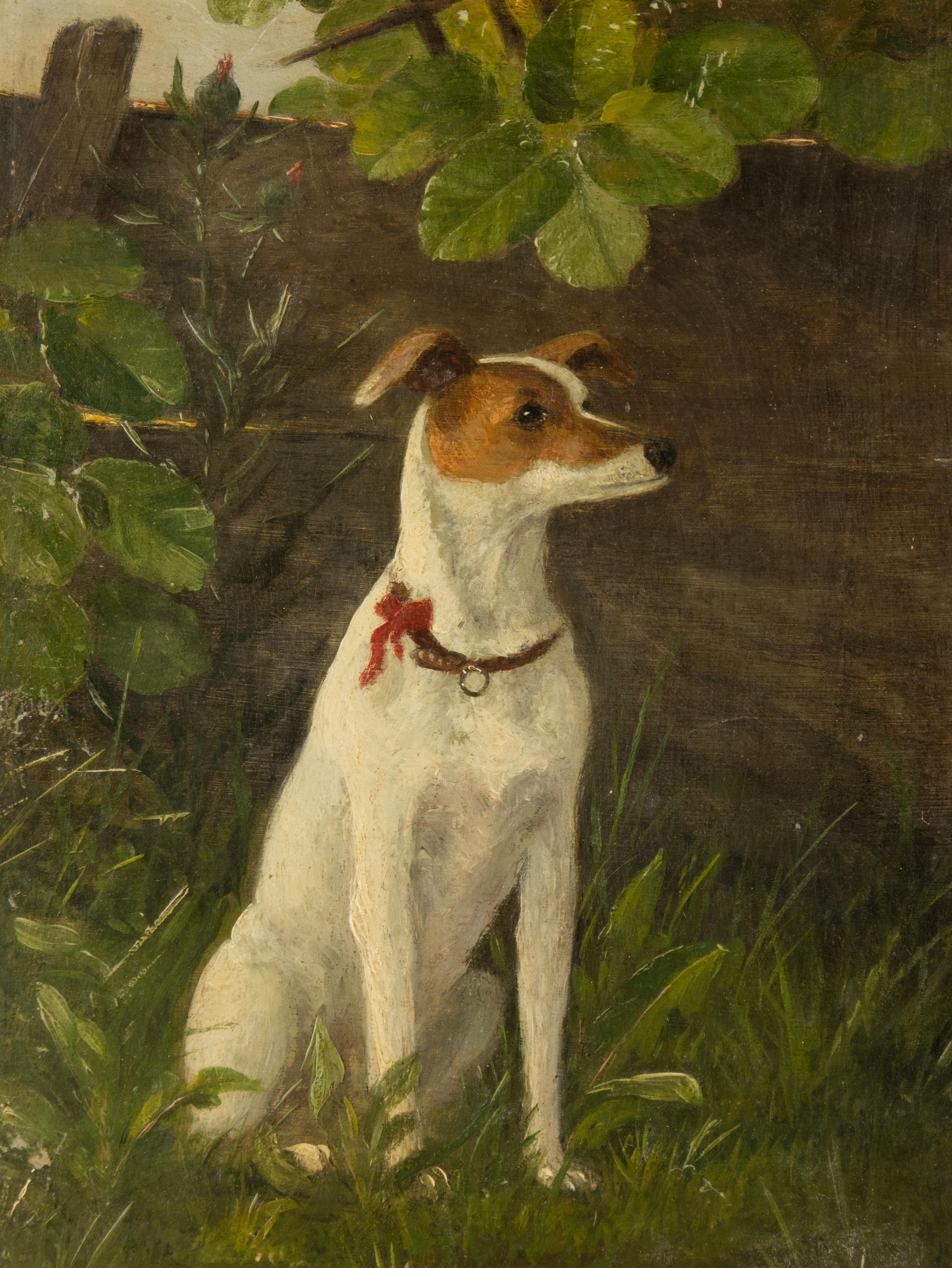 A cute old painting, a portrait of a dog, a fox terrier.
Oil on wood.
The painting is not signed. Estimated age and origin: Netherlands, circa 1930.
The painting is in good condition, only some damage on the corners. 
Dimensions: 29 x 21 cm
Free