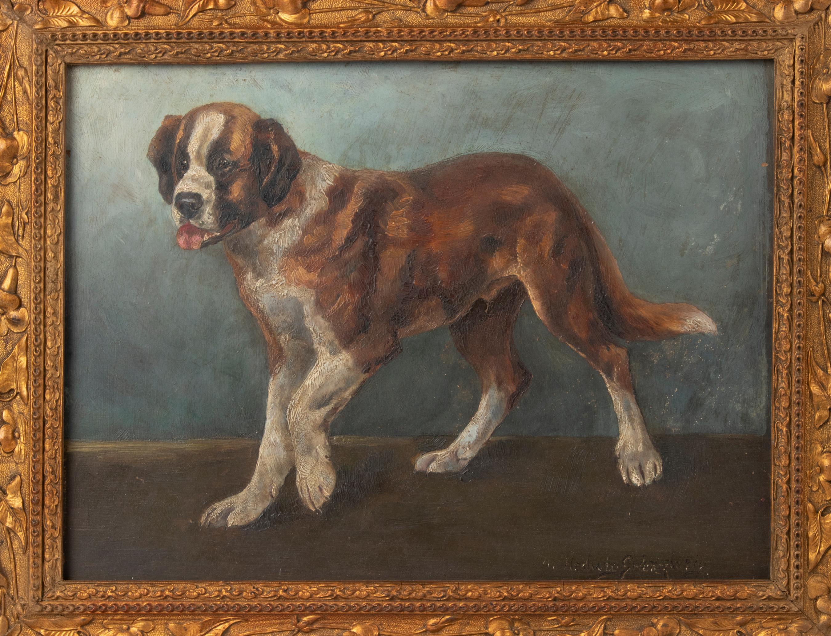 Hedwig Rau-Gruenzweig (active around 1900 in Stuttgart, Germany) 
An antique oil painting on hardboard of a young Saint Bernard dog. Signed right under: Hedwig Gruenzweig. Hedwig Rau-Gruenzweig was a well-known female animalist painter working at