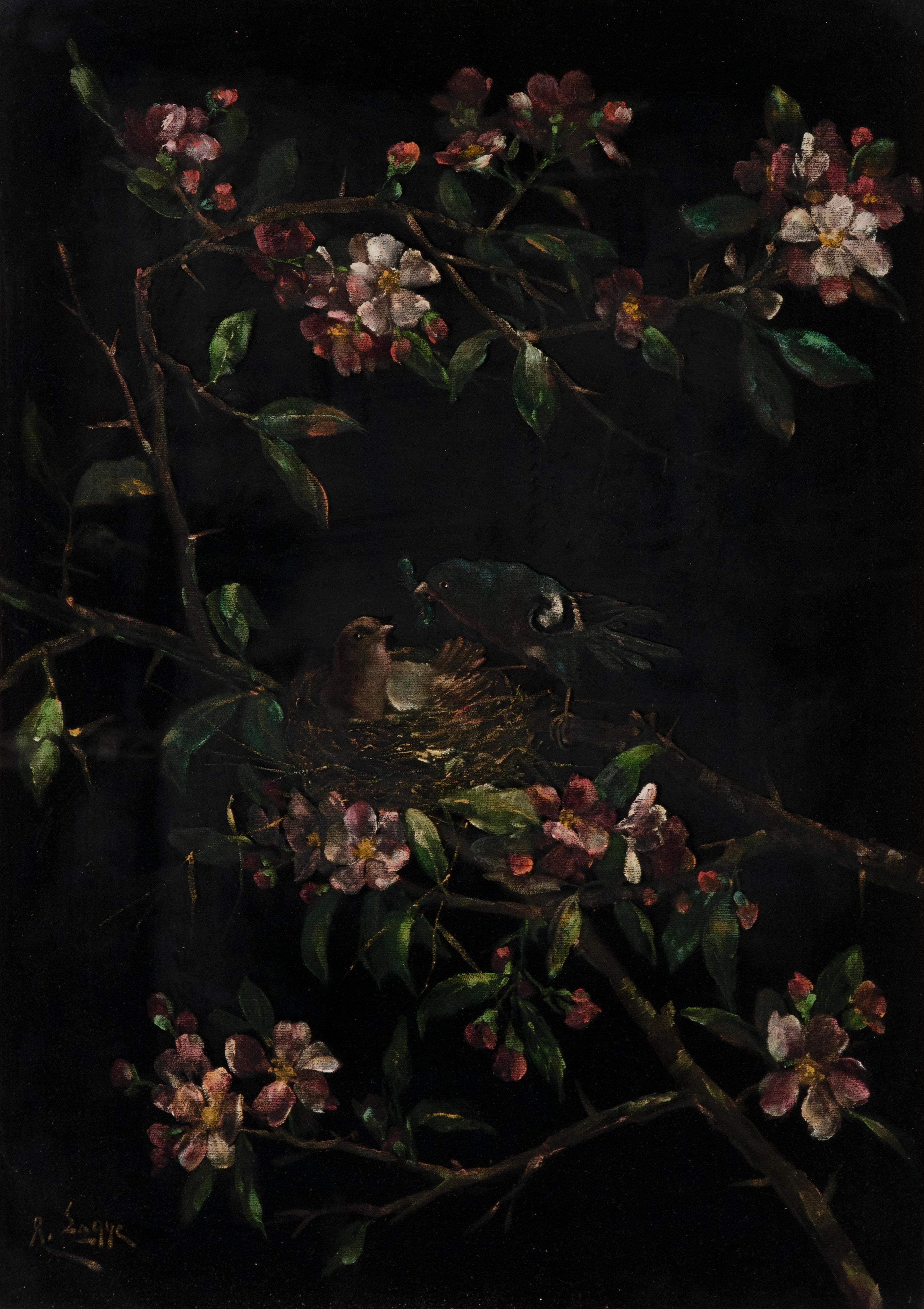 Beautiful antique painting of a blossom tree with birds. The painting is made of gouache and oil on cardboard. The painting is framed behind glass in a beautiful wooden gilded frame, original from the same time as the painting.

Dimensions frame:
