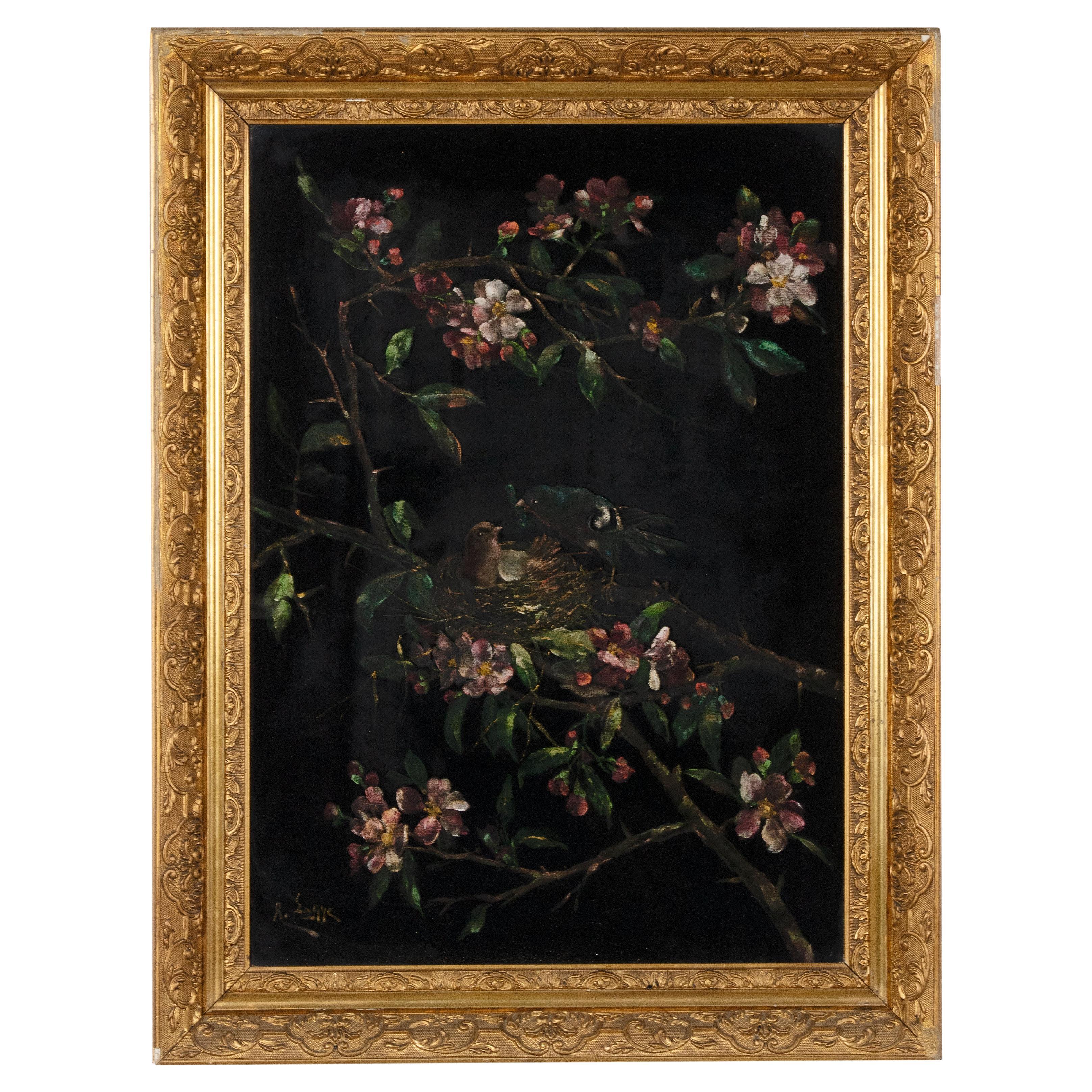 Early 20th Century Oil Painting with Birds in Blossom Tree by Raphaël Lagye