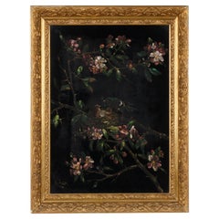 Antique Early 20th Century Oil Painting with Birds in Blossom Tree by Raphaël Lagye