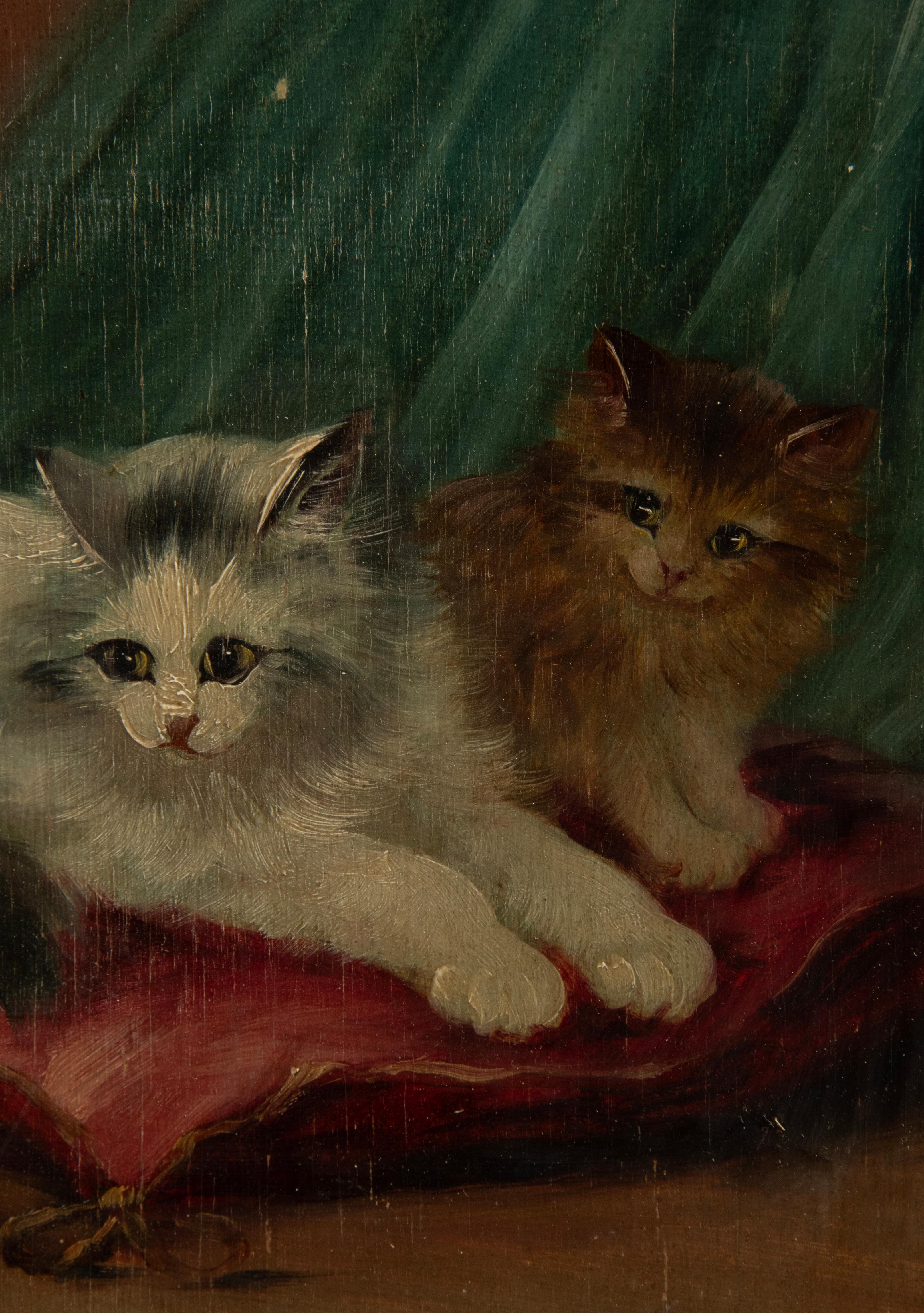 Peinture à l'huile du début du 20e siècle représentant des chats en train de jouer en vente 4