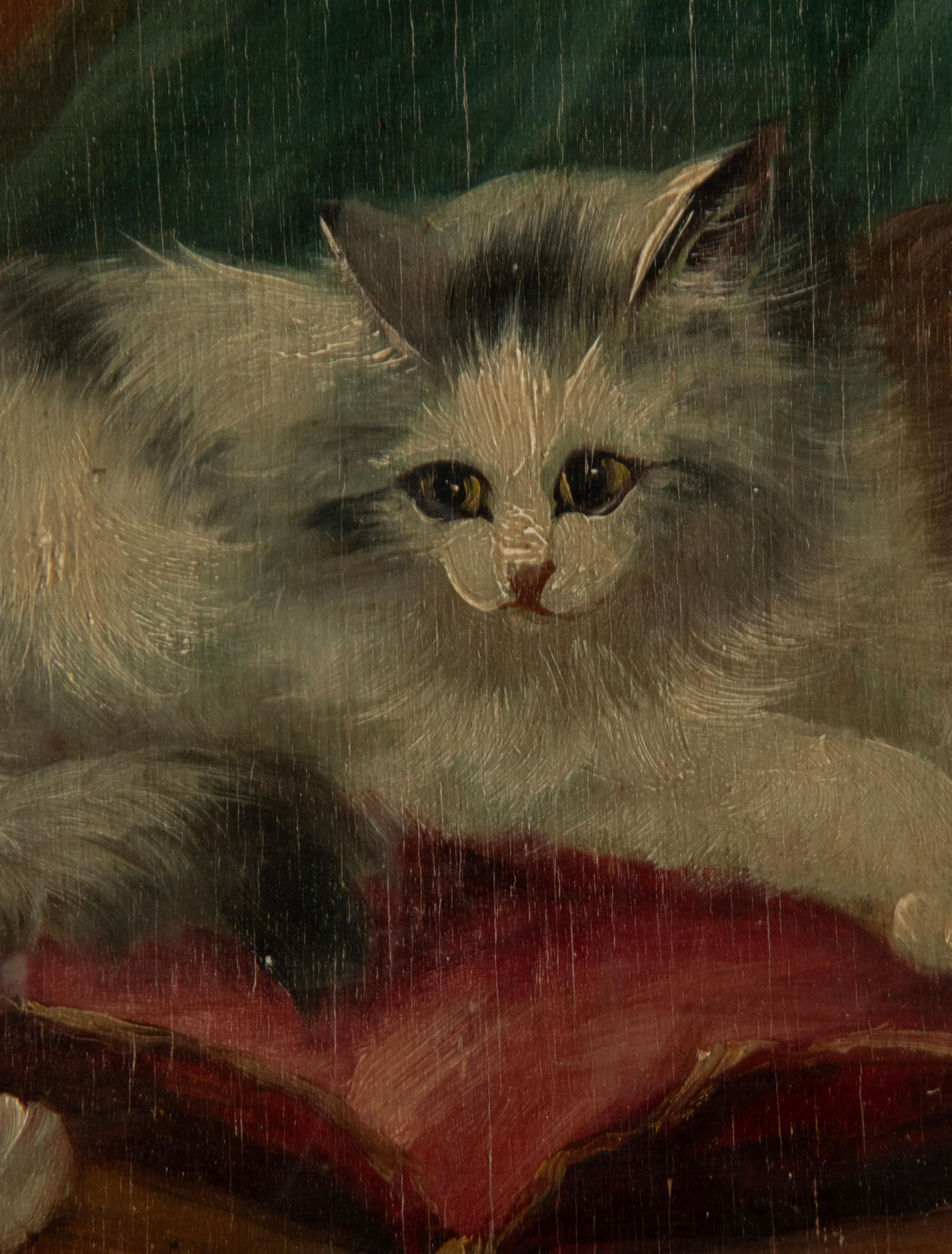 Early 20th Century Oil Painting with Playing Cats For Sale 10