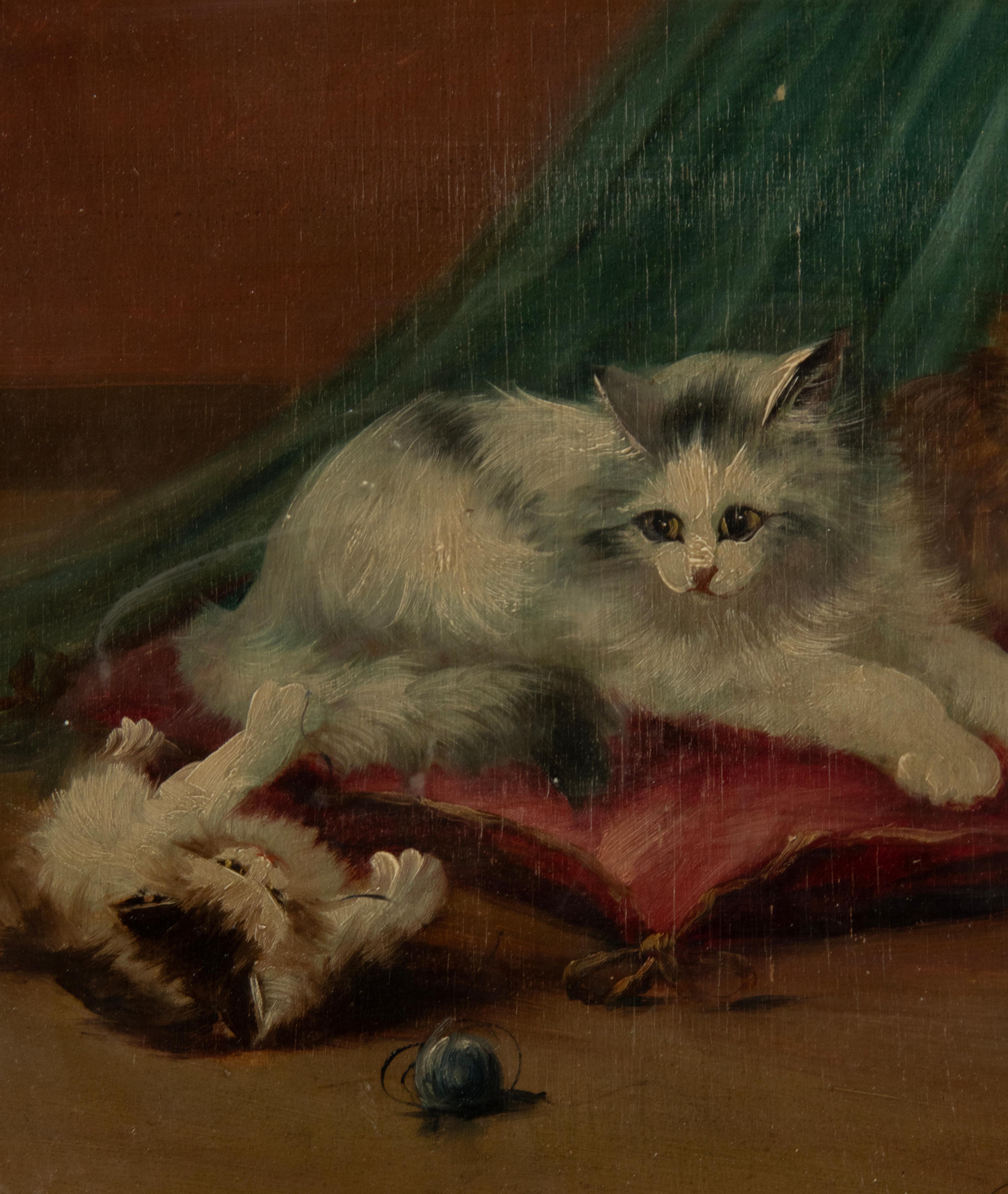 Early 20th Century Oil Painting with Playing Cats For Sale 12