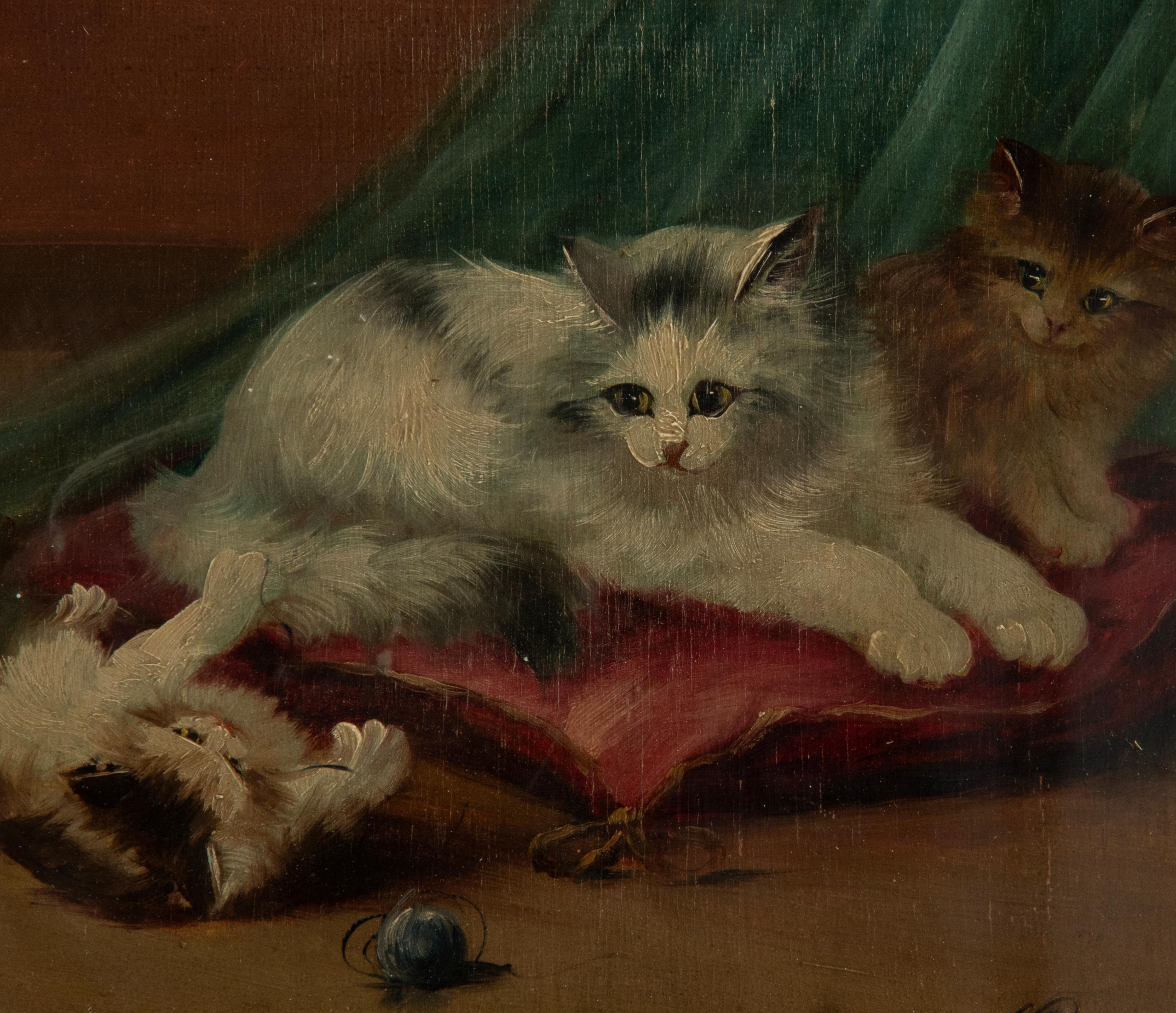 Painted Early 20th Century Oil Painting with Playing Cats For Sale