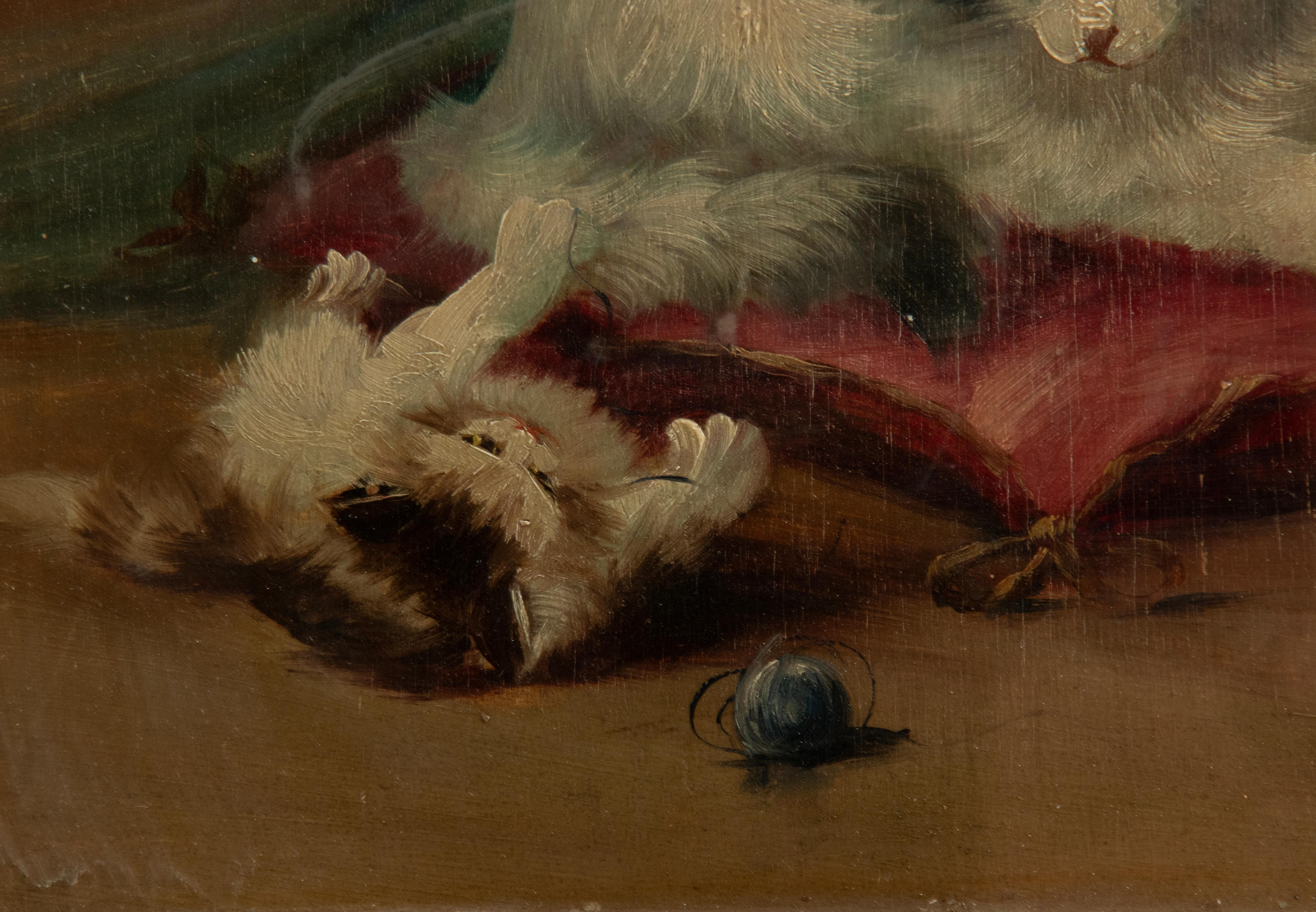 20ième siècle Peinture à l'huile du début du 20e siècle représentant des chats en train de jouer en vente