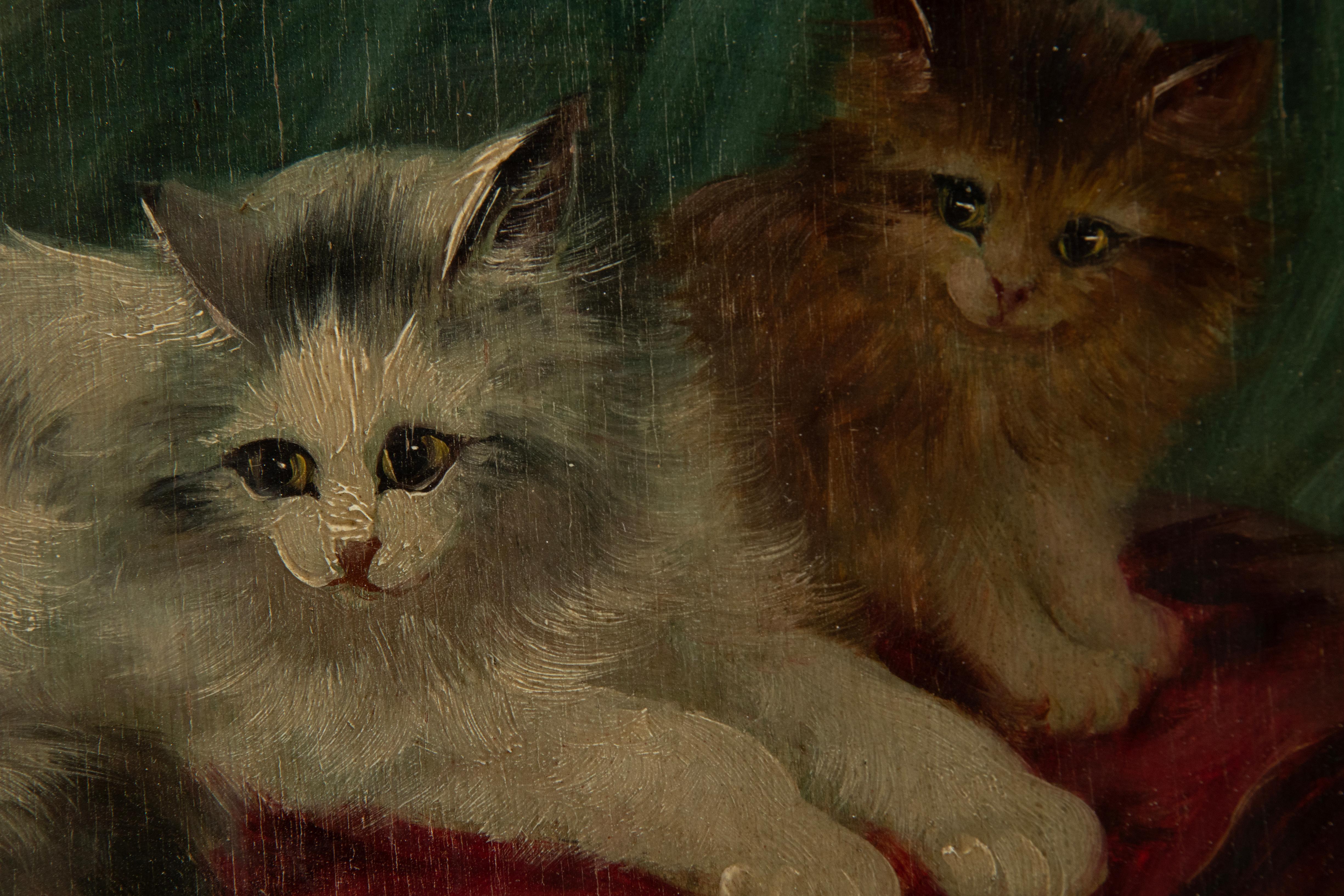 Gesso Early 20th Century Oil Painting with Playing Cats For Sale