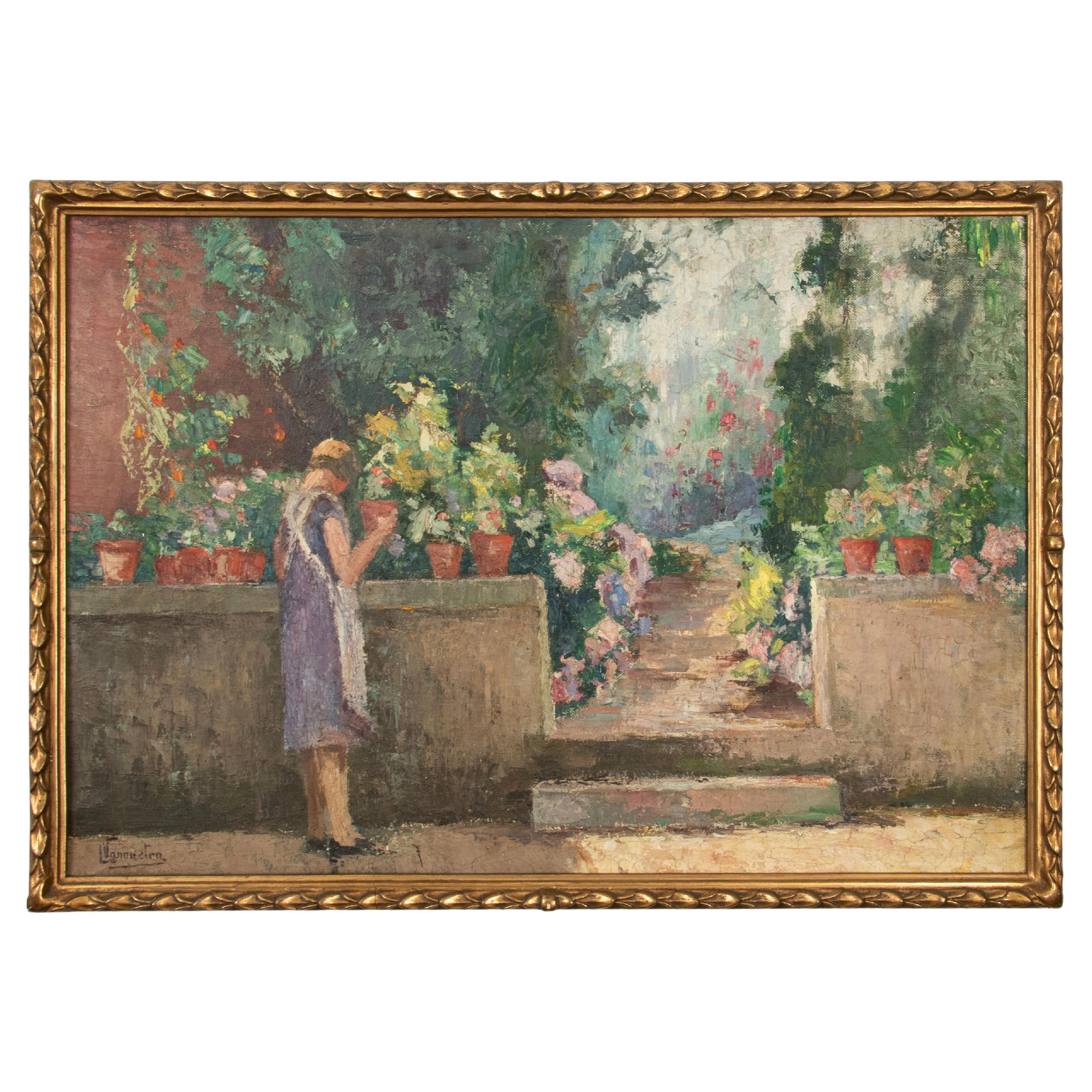 Early 20th Century, Oil Painting Woman in Garden by Leon Vanuetten