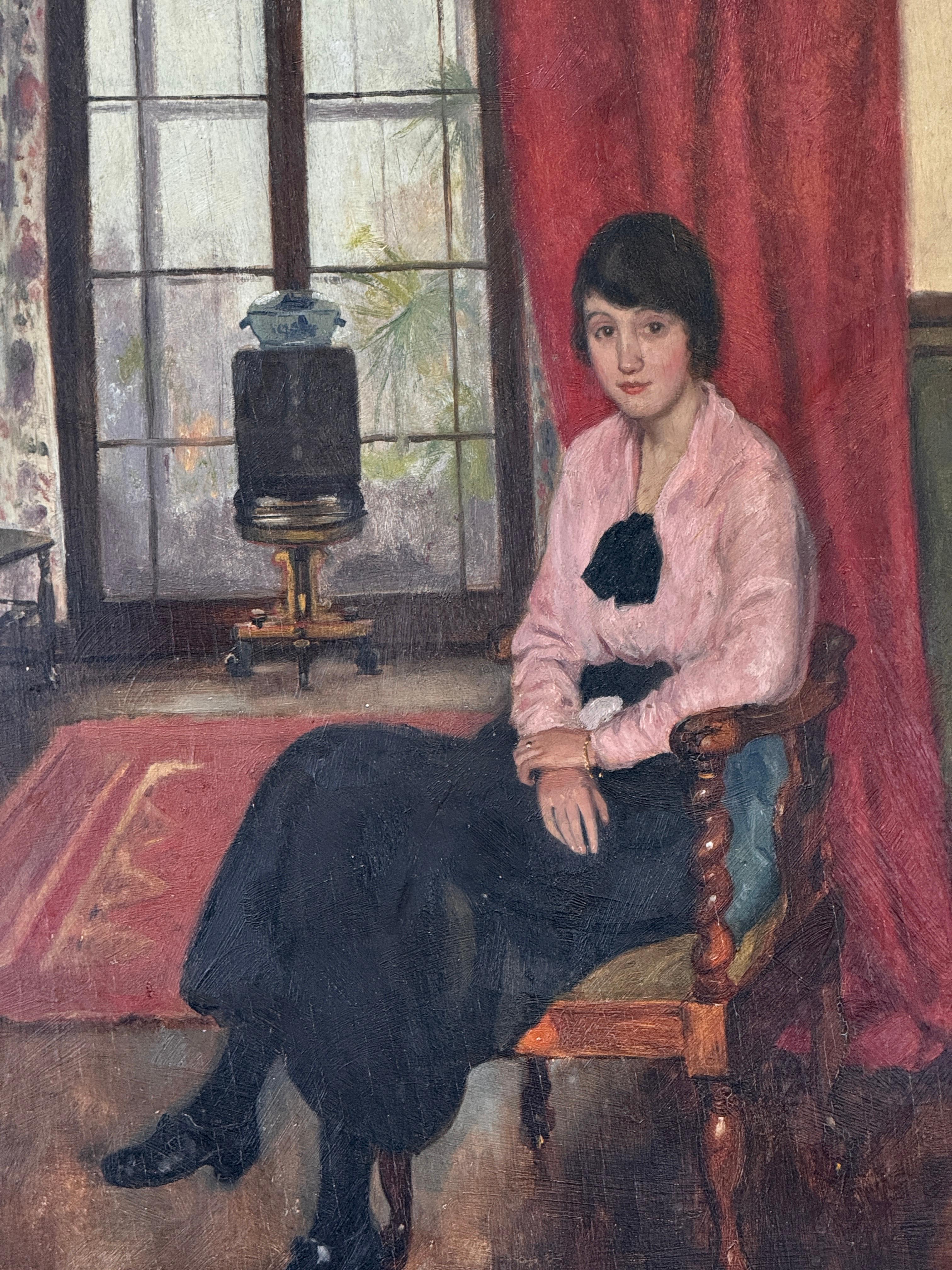 Anglais Portrait à l'huile d'une jeune femme du début du 20e siècle, daté de 1914 en vente