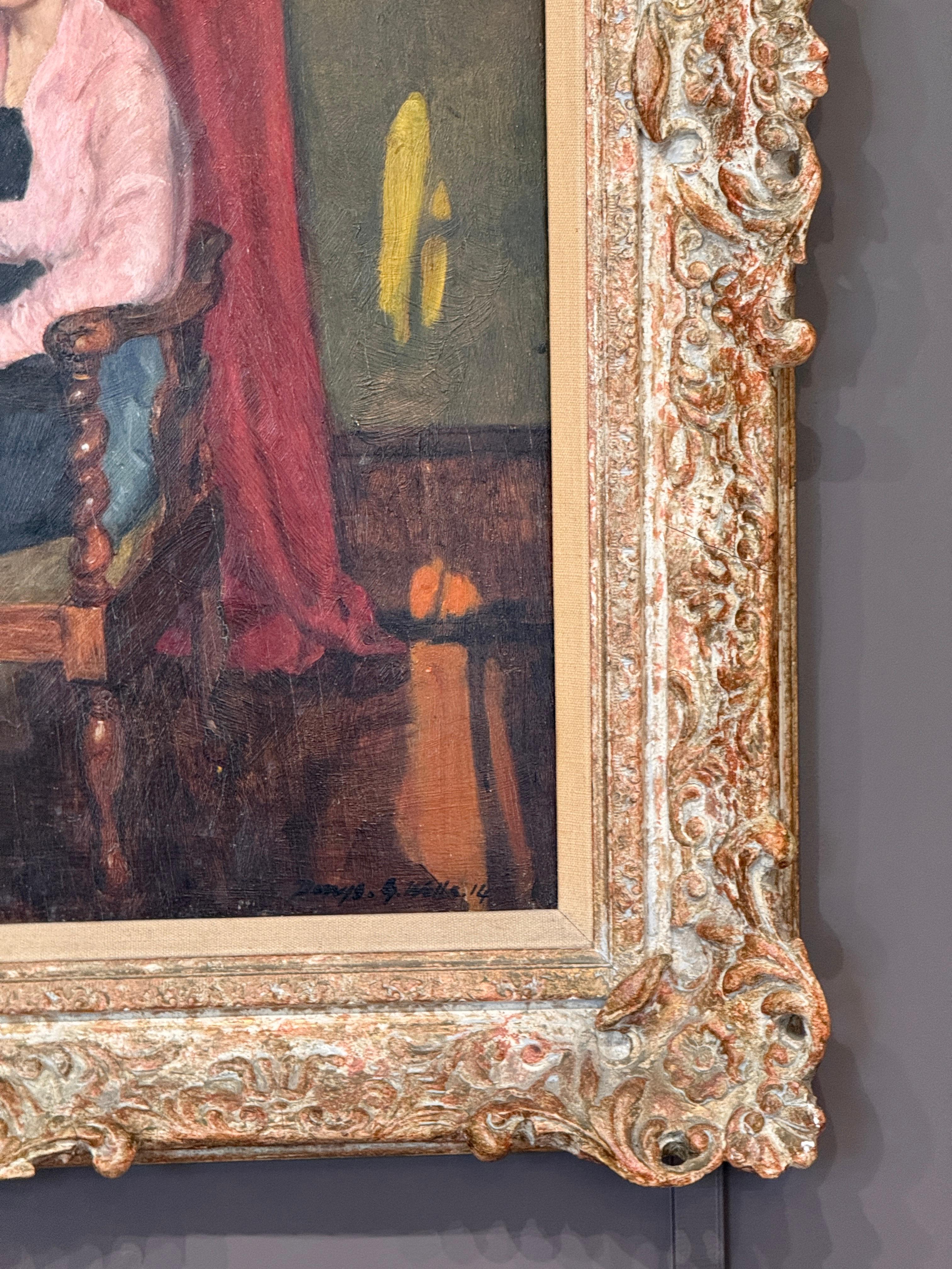 Peint à la main Portrait à l'huile d'une jeune femme du début du 20e siècle, daté de 1914 en vente