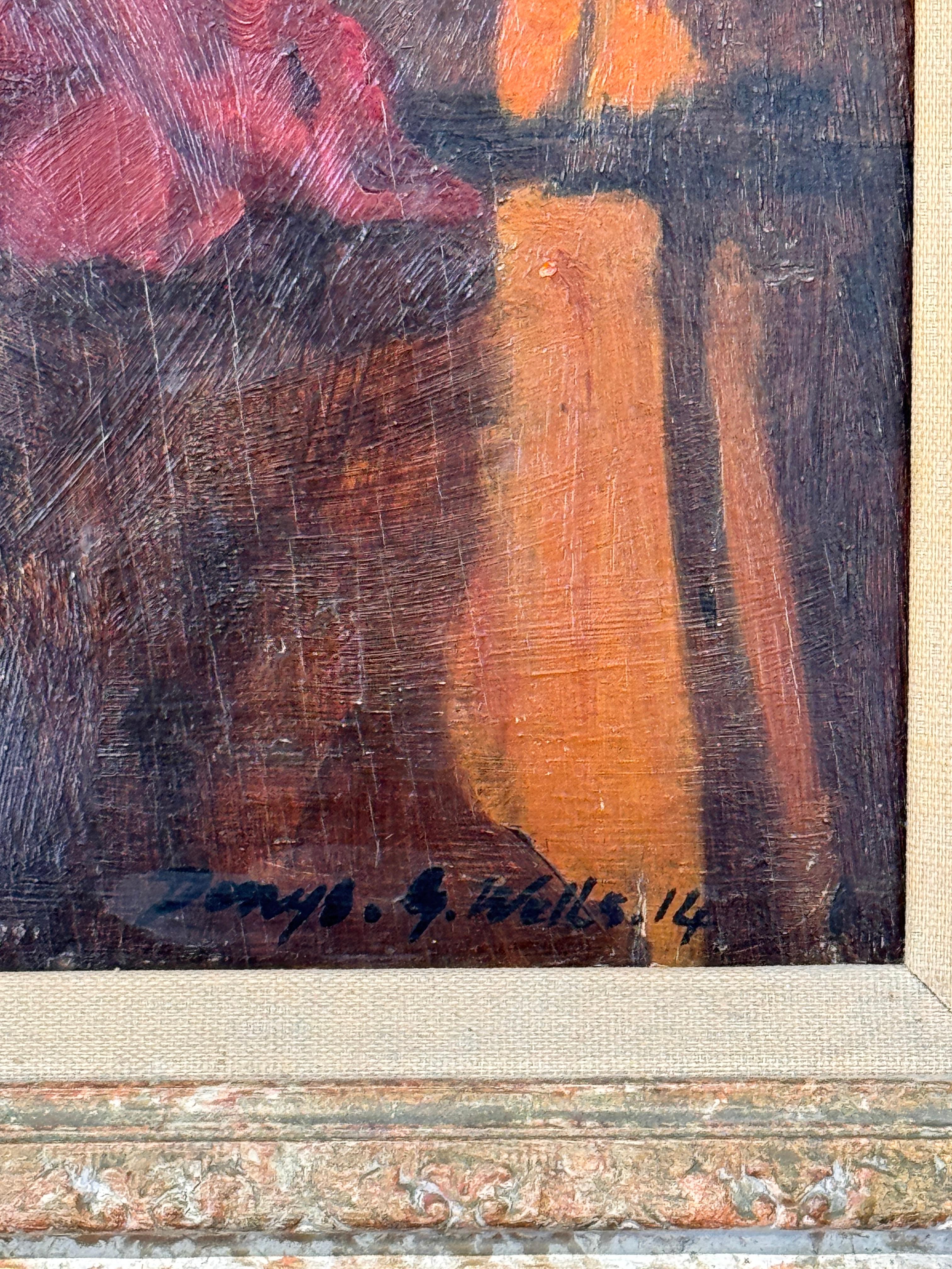 Peinture Portrait à l'huile d'une jeune femme du début du 20e siècle, daté de 1914 en vente