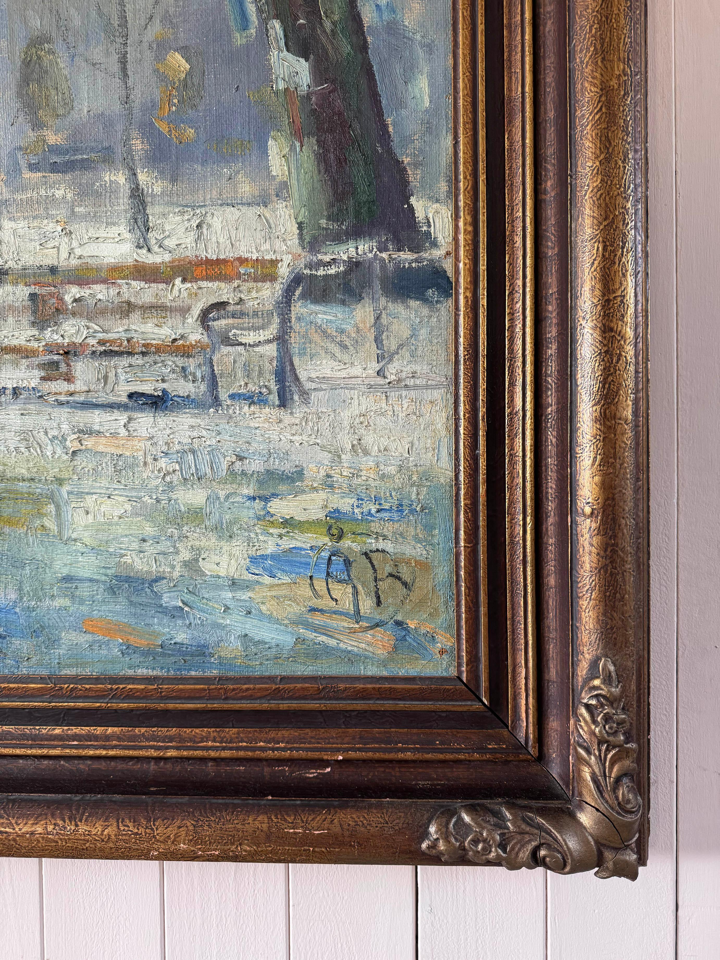 Français Early 20th Century Oil 'Winter in Paris' Painting en vente