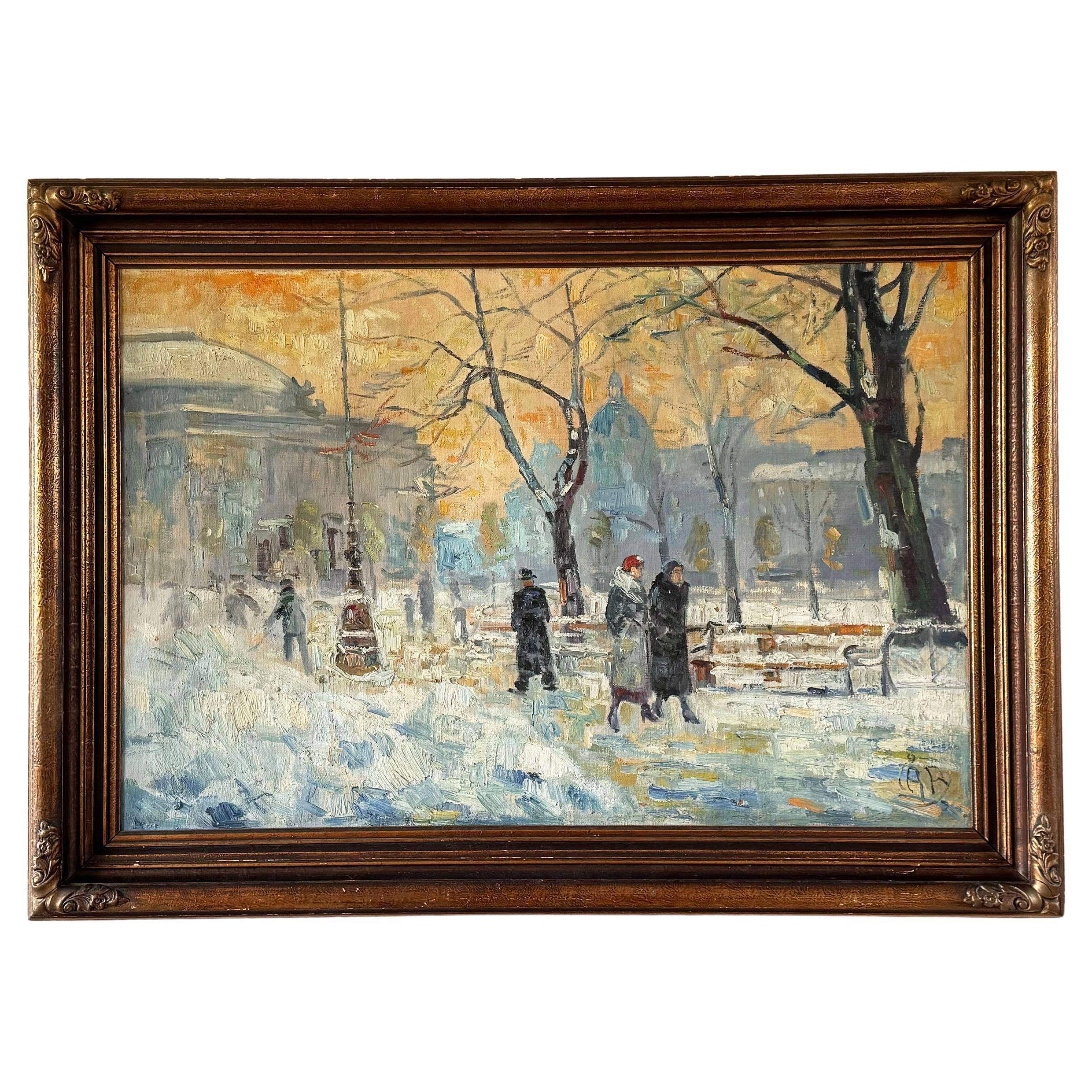 Early 20th Century Oil 'Winter in Paris' Painting