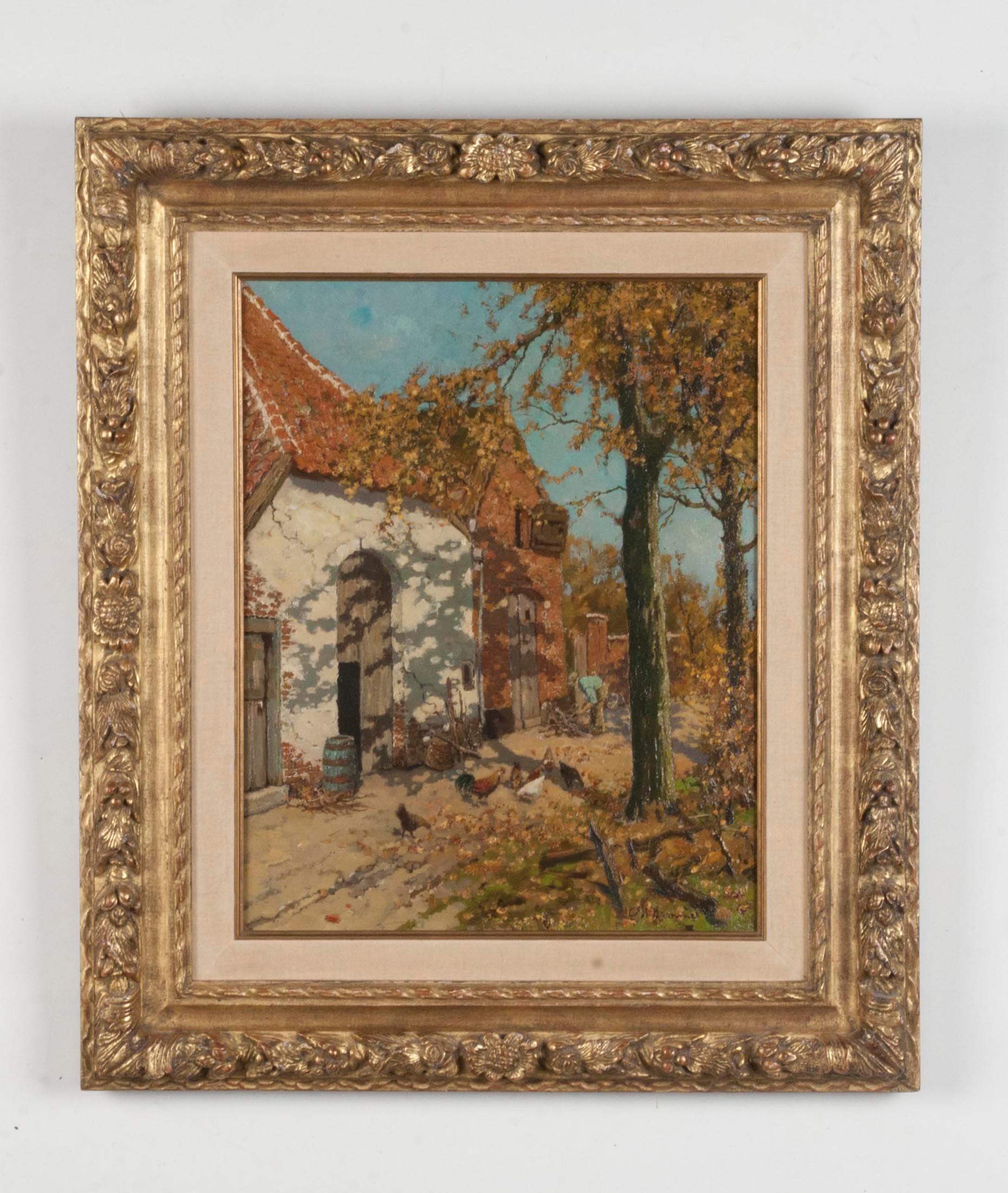 Lovely painting of a farm with chickens in the yard. What is immediately striking about this painting is the representation of the shadows of the tree.
The painting has a wood-plated gilt frame. Signed lower right H. Hammond. Unfortunately there is