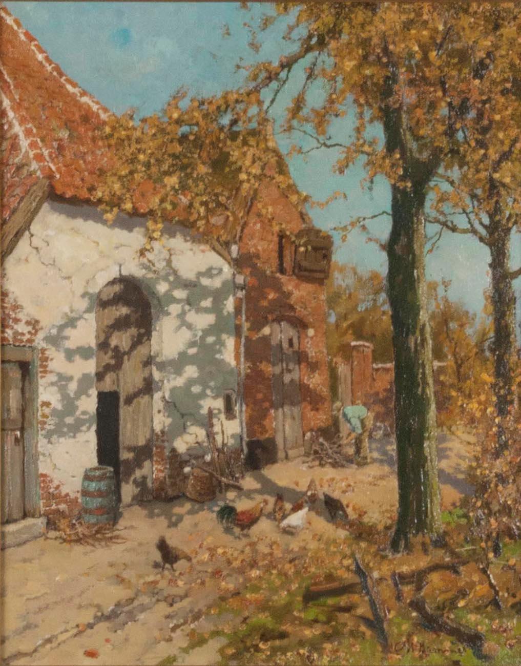 Romantic Early 20th Century Oil Painting of a Farm with Chickens in The Yard