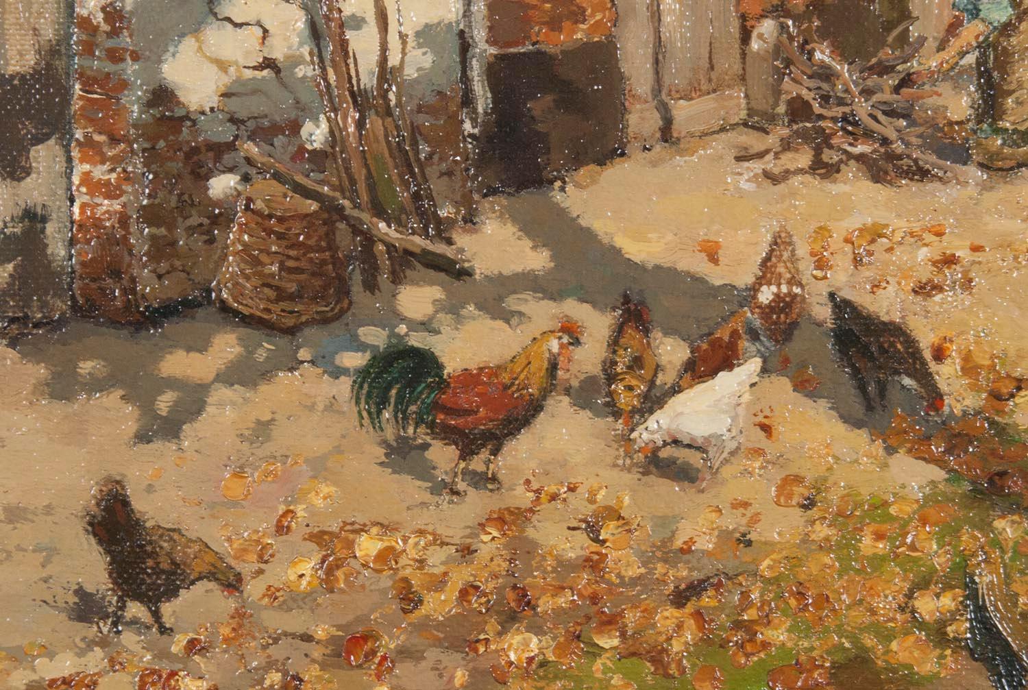 Early 20th Century Oil Painting of a Farm with Chickens in The Yard 1