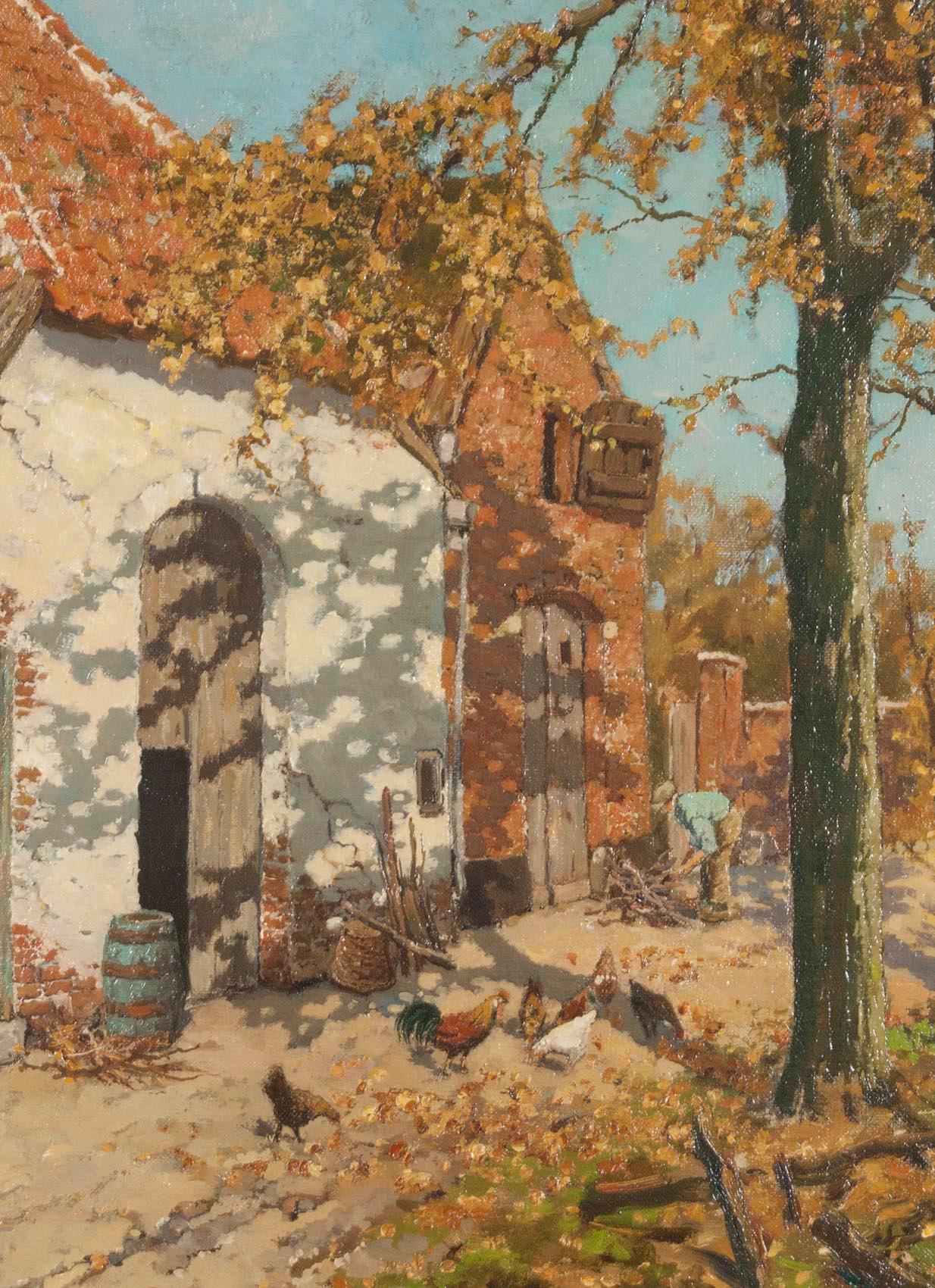 Early 20th Century Oil Painting of a Farm with Chickens in The Yard 2