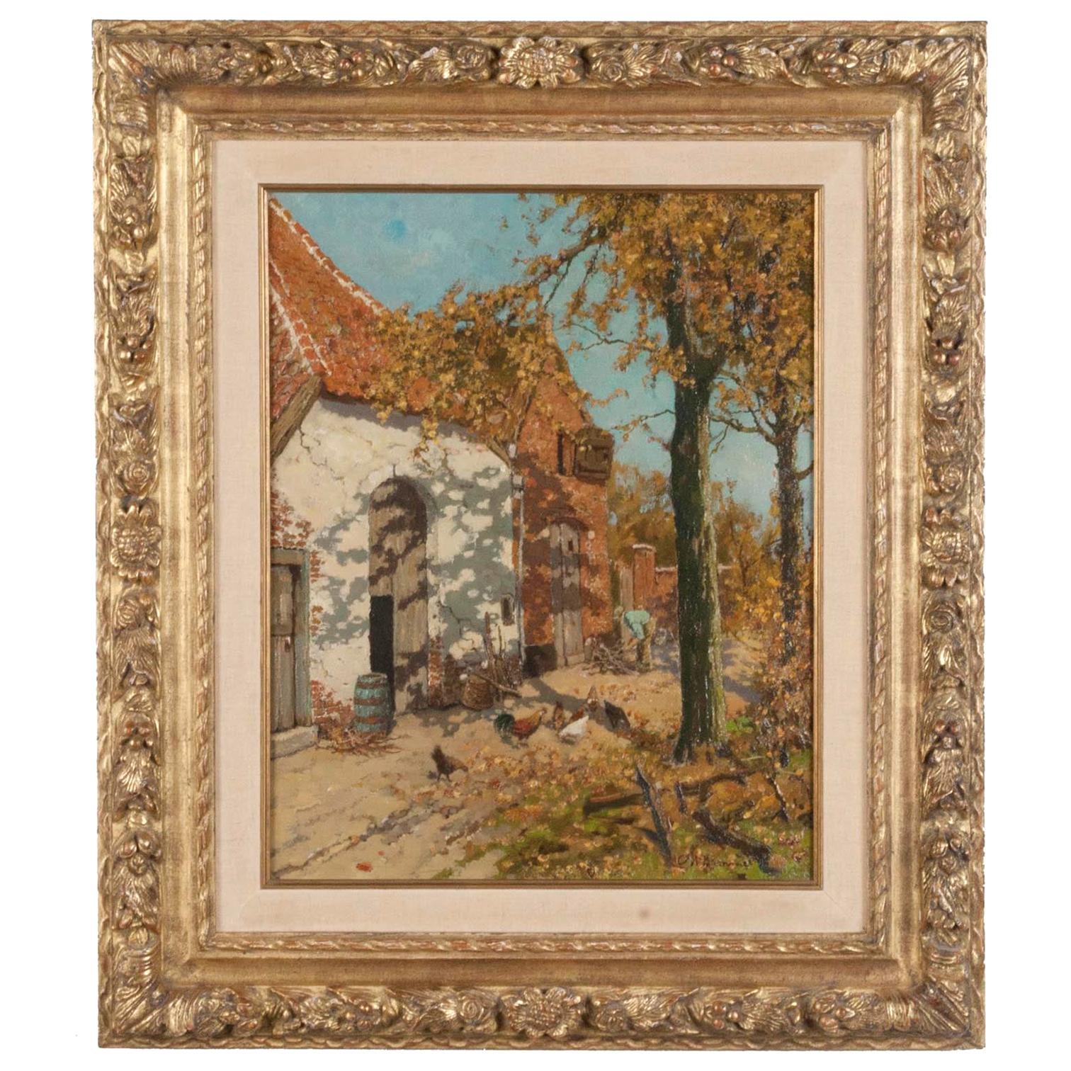 Early 20th Century Oil Painting of a Farm with Chickens in The Yard