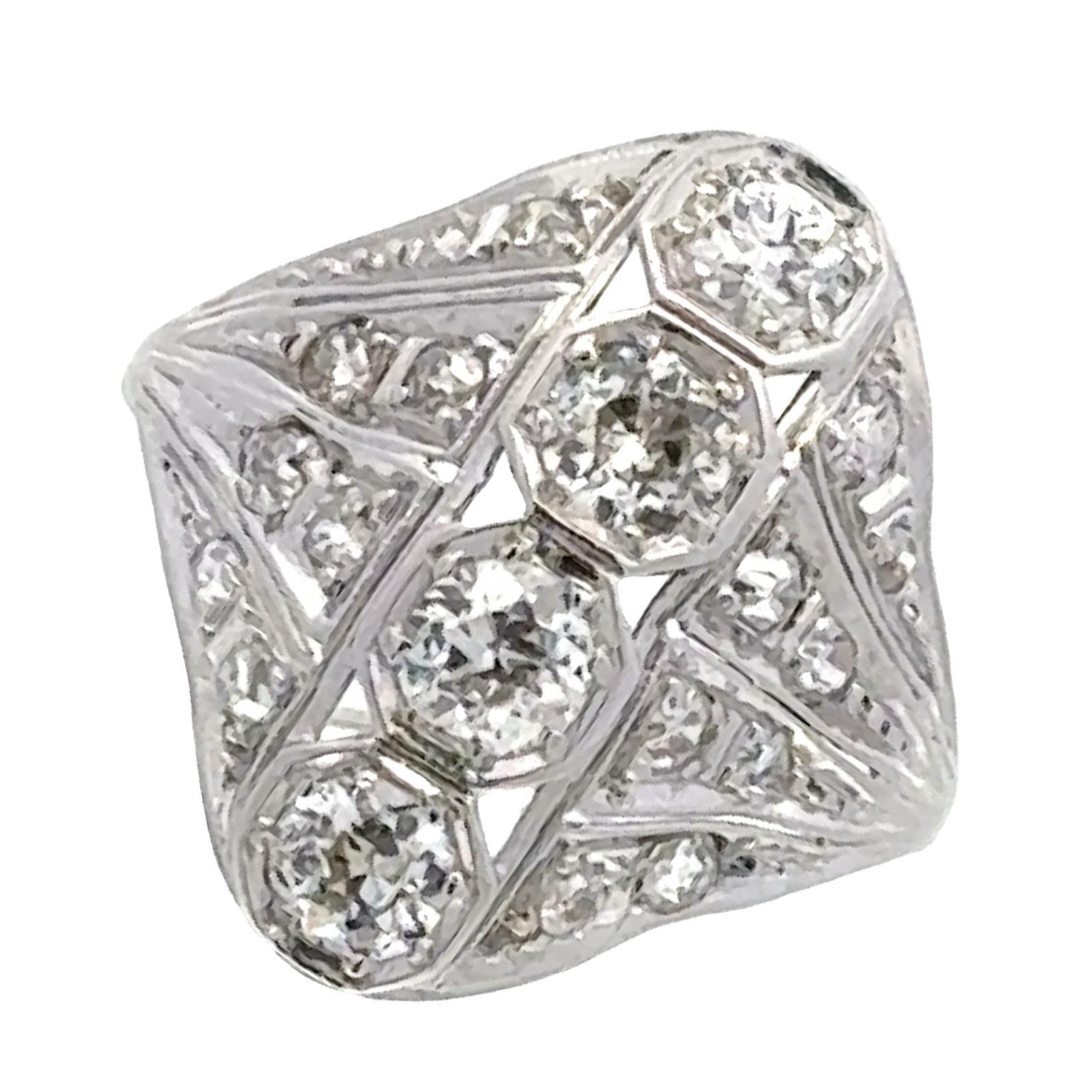 Art Deco Early 20th Century Old European Cut Diamond Platinum Vintage Cocktail Ring For Sale