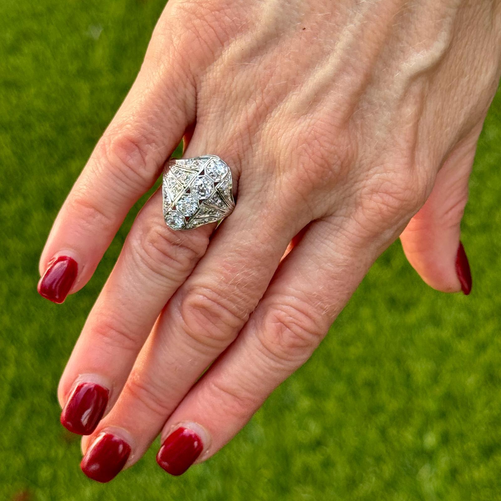 Early 20th Century Old European Cut Diamond Platinum Vintage Cocktail Ring For Sale 1