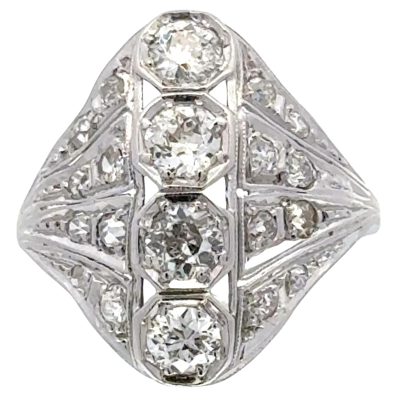 Anello da cocktail vintage in platino con diamante taglio europeo dei primi del Novecento
