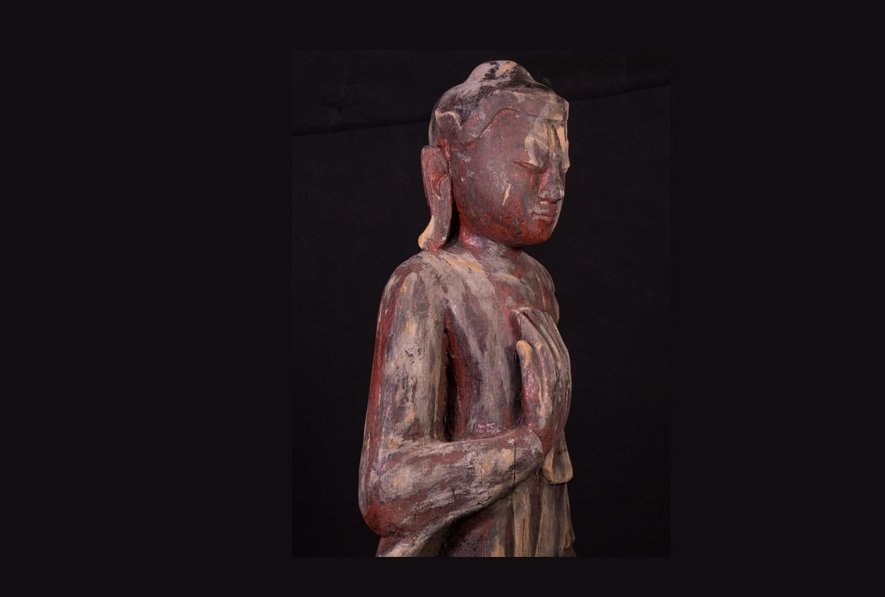 Early 20th century Old wooden Buddha statue from Burma For Sale 8